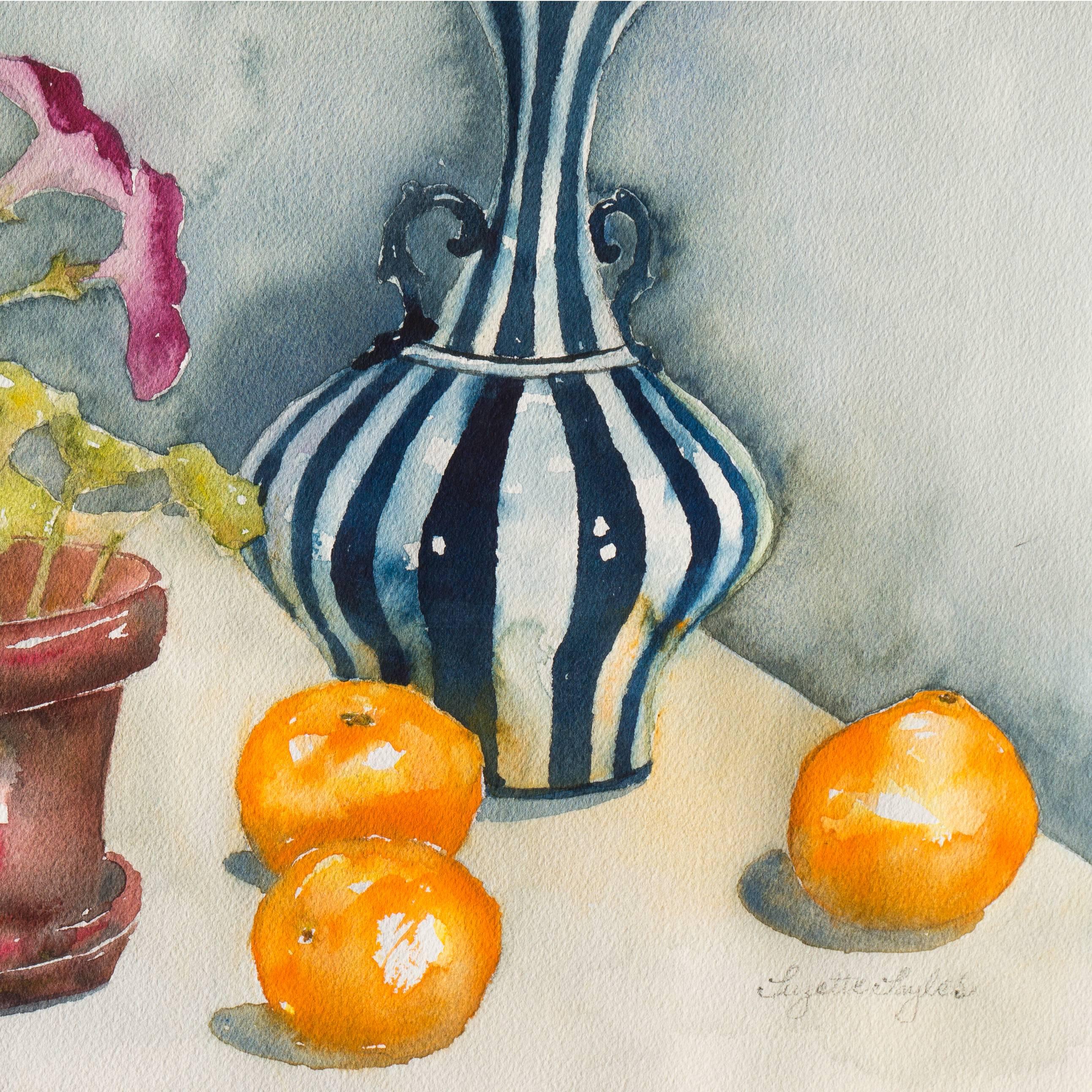 Signed lower right, 'Suzette Sayles' and painted circa 1955.

An elegant watercolor still-life showing tangerines informally arranged on a table-top beside purple pansies and a Venetian glass vase by this listed Carmel artist.

