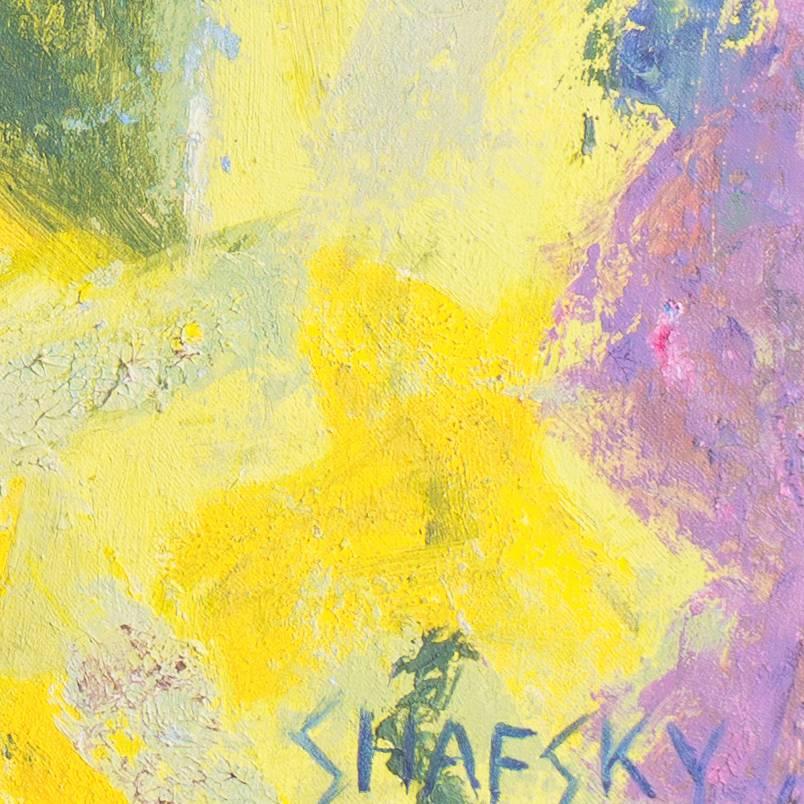 Abstrakt in Safran und Jade – Painting von Nancy Shafsky