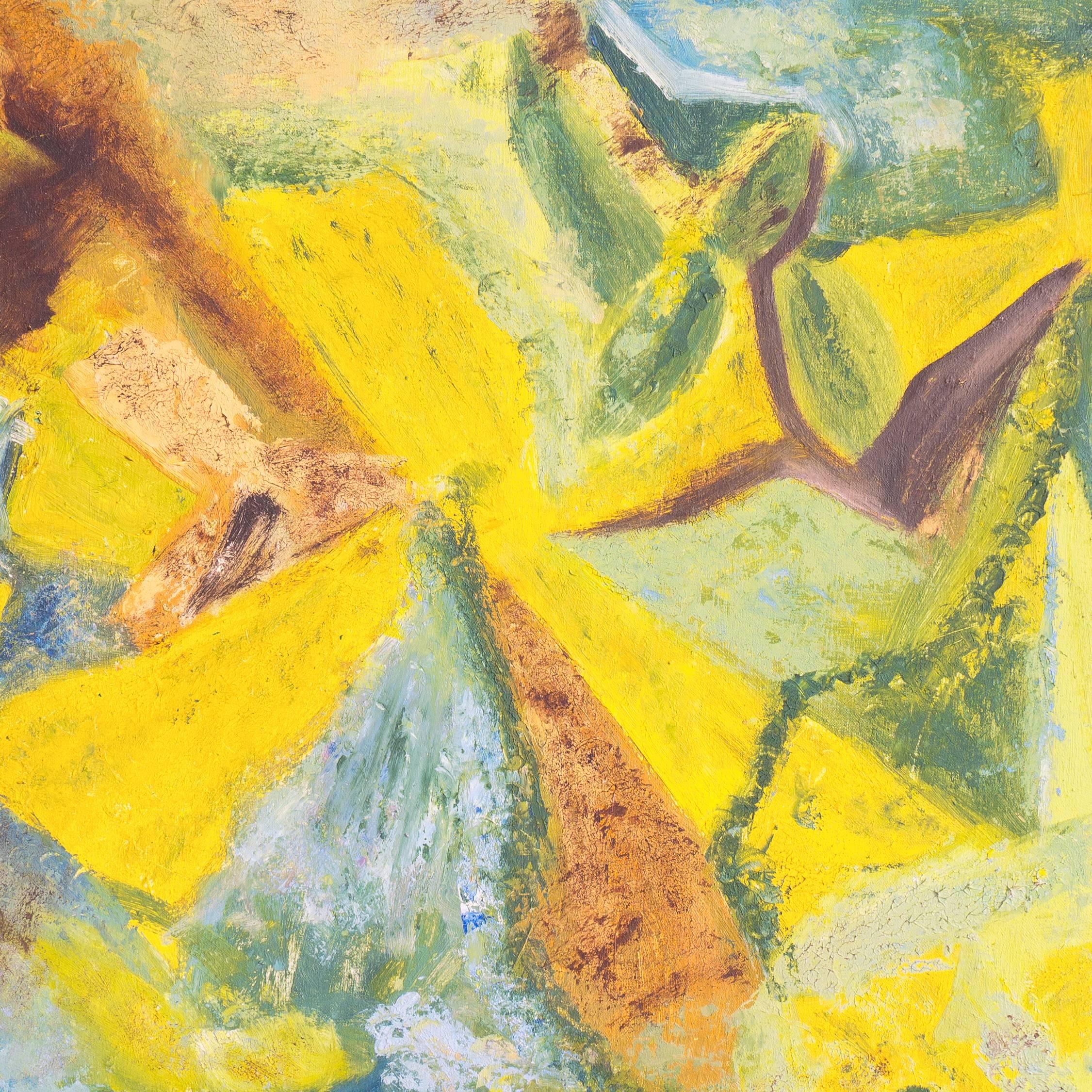 Signed lower right, 'Shafsky' and painted circa 1960.

A kinetic, mid-century oil abstract comprising a structurally inter-related field of jade and saffron contrasted against secondary areas of ochre and lilac. 