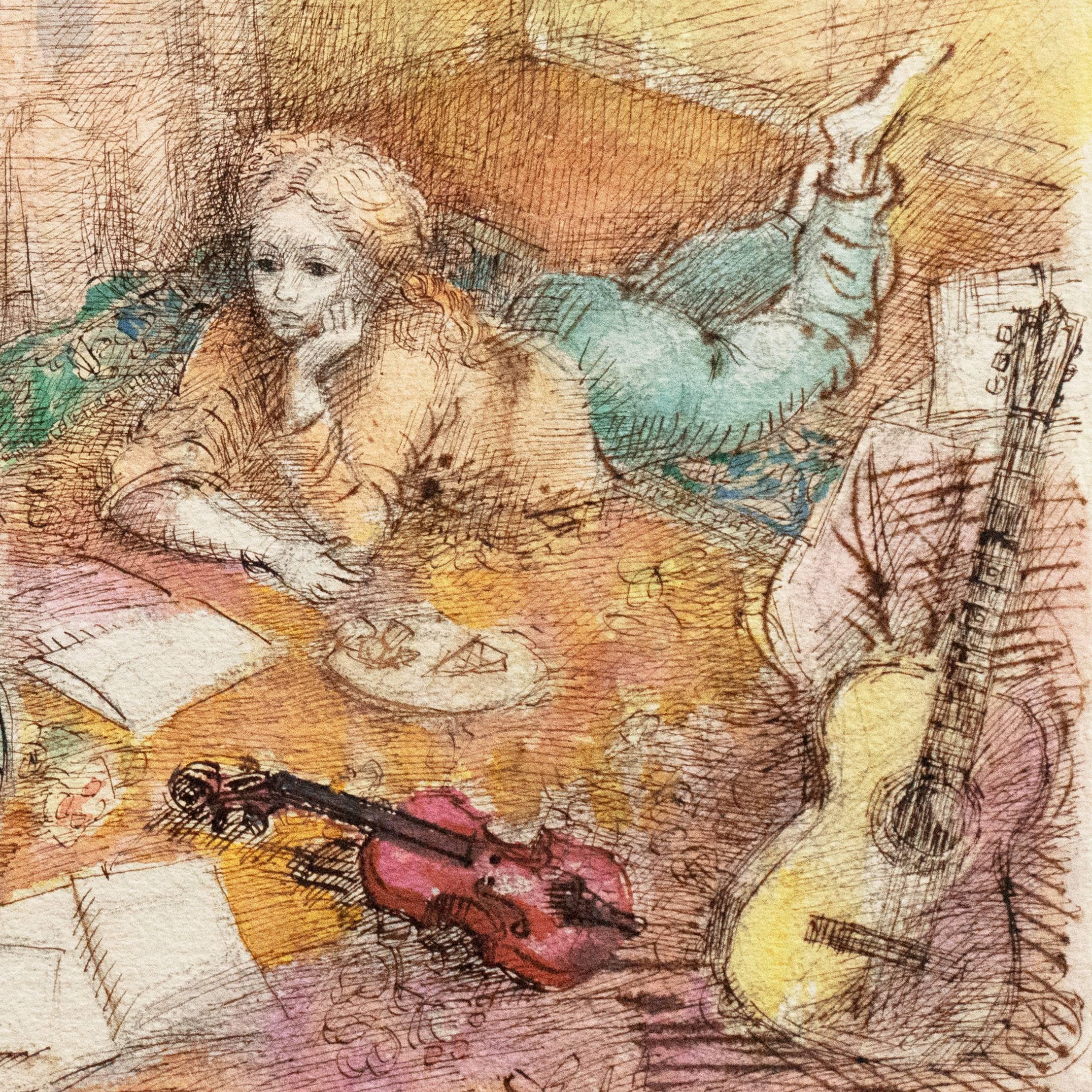 Inscribed verso 'AL.P. Moretti', titled 'Jeudi à la Maison' (Thursday at Home) and painted circa 1955.

A period watercolor interior scene showing two girls relaxing at home, surrounded by books and musical instruments. 

This well-listed French