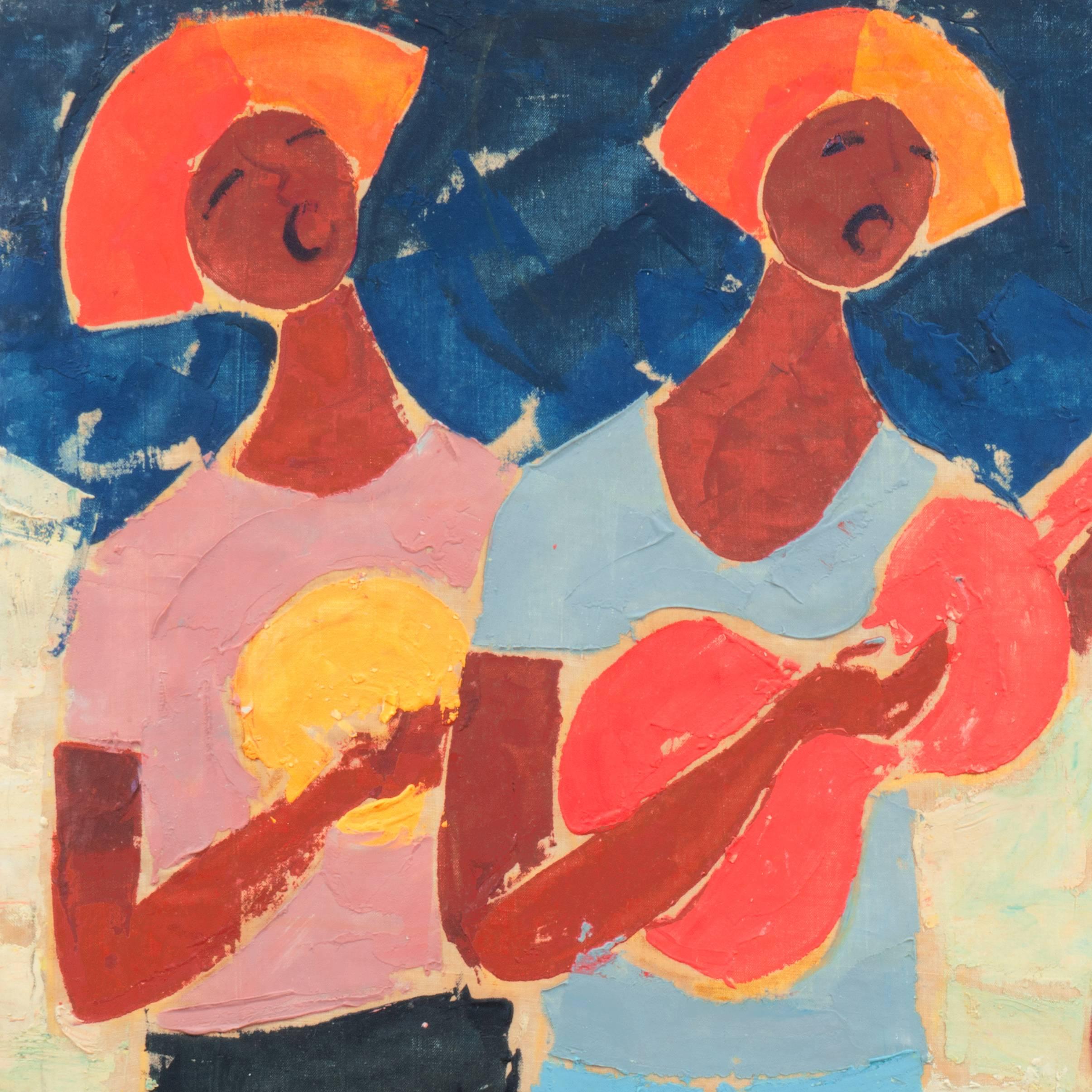 'Musicisti del Carnevale', figurazione post-impressionista brasiliana, Rio de Janeiro - Figurative Painting Marrone di Estevam Coelho