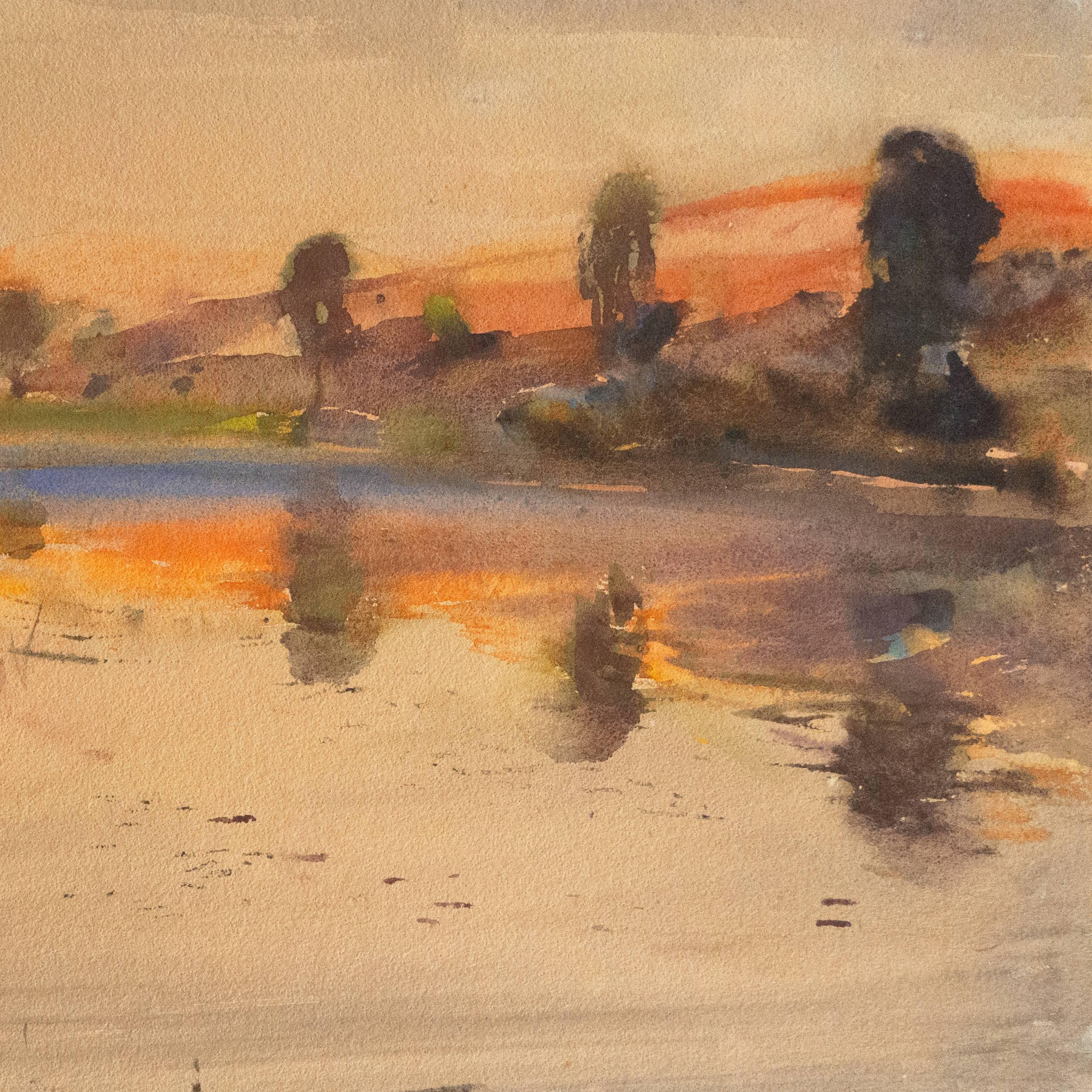 Signed lower left, 'Karl Yens' (American, 1868-1945) and painted circa 1920. 

A fine, early 20th century watercolor landscape showing the the luminous sunset serenely reflected in a still lake with elegant, calligraphic grasses.

Painter,