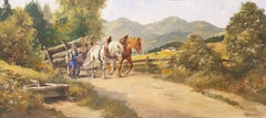 Vintage 'Logging Cart with Horses', Academy, Large Realist Panoramic Alpine Landscape