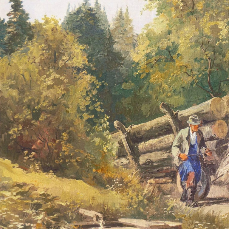 'Logging Cart with Horses', Academy, Large Realist Panoramic Alpine Landscape For Sale 1