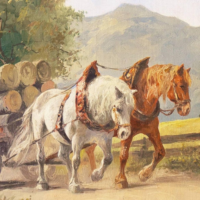 'Logging Cart with Horses', Academy, Large Realist Panoramic Alpine Landscape - Brown Landscape Painting by Eric Reinhold Karger