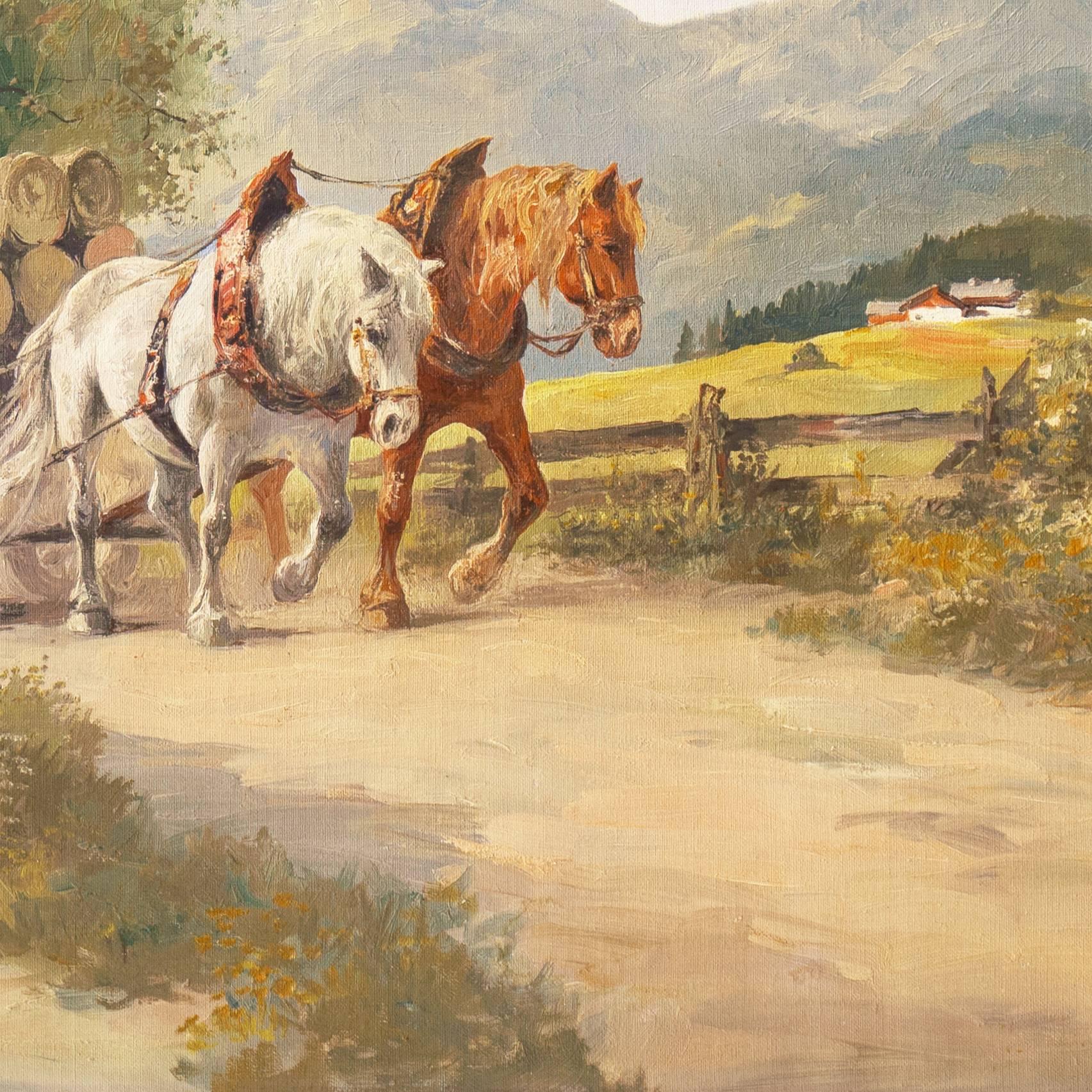 Signed lower right, 'Karger' (American, 1891-1968) and painted circa 1930.

A substantial and period, early-20th-century oil landscape showing a team of heavy draft-horses pulling a logging cart along a hillside path with a view of distant