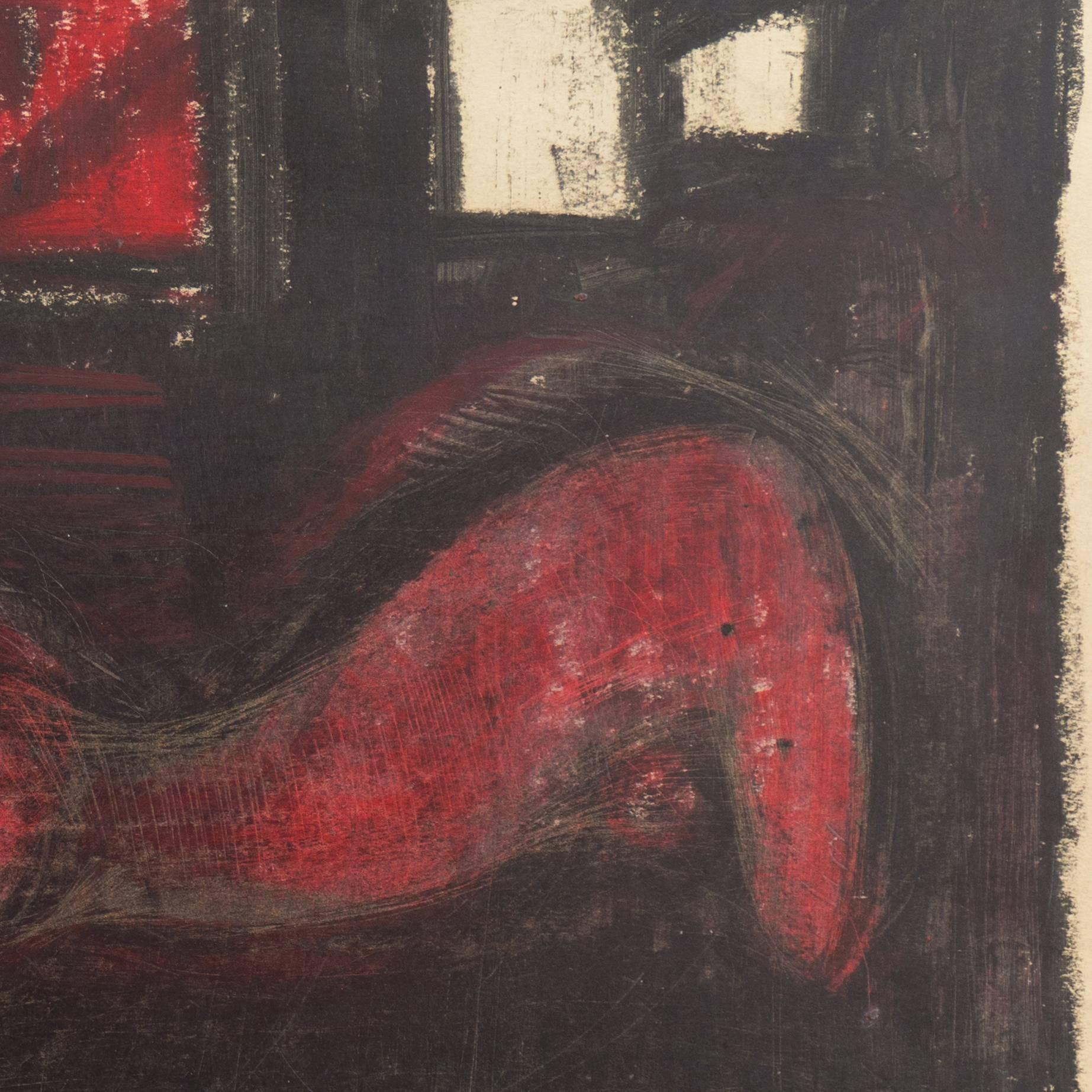 Signed lower right, 'Gilberg' and painted circa 1955.

A woman, drawn in variegated shades of ruby and garnet red, poses on a bed with incised details.
 
Born in Oakland, Robert George Gilberg first studied at the Oakland Art Center during the