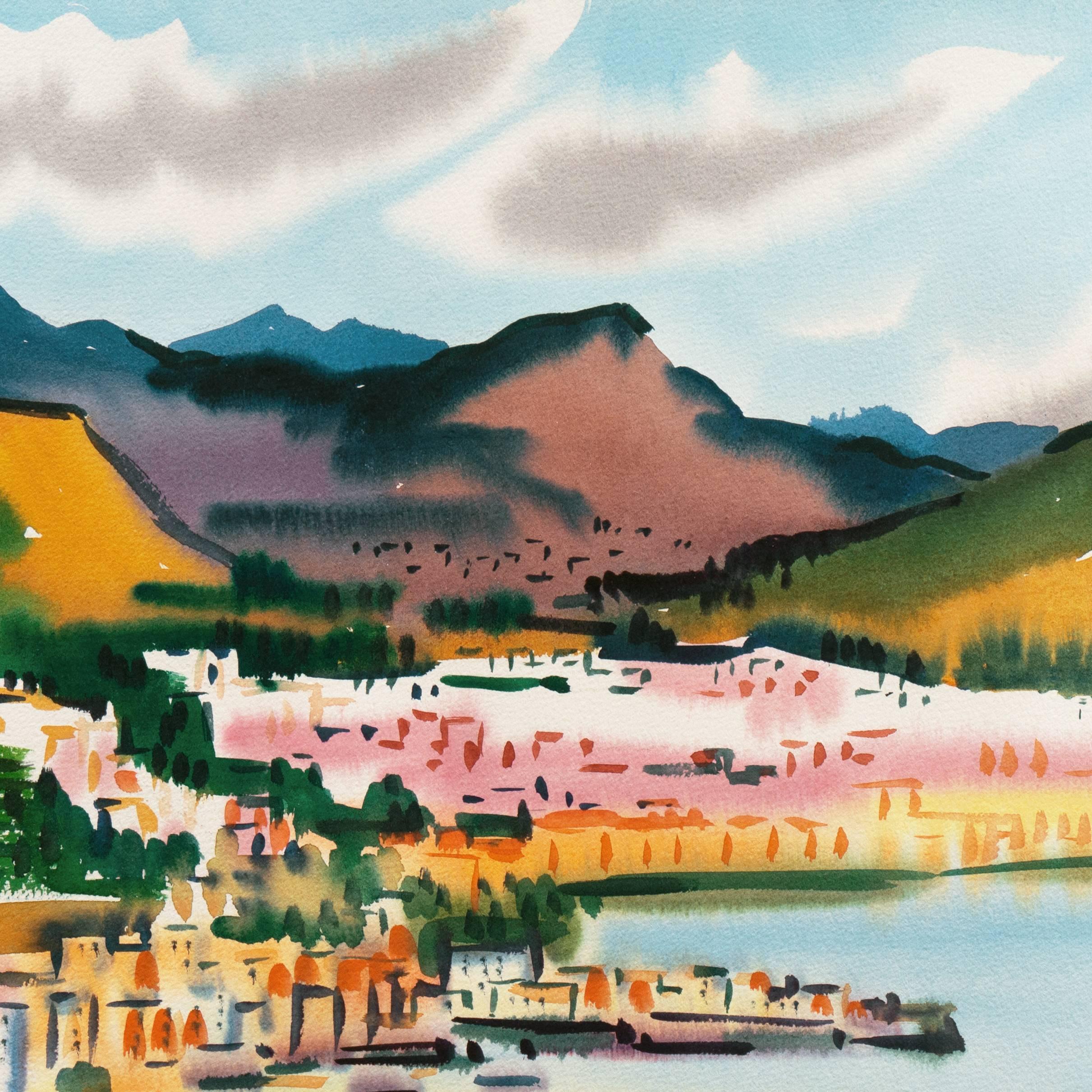 A vibrant coastal landscape showing a view of a jetty extending into the cove of a beachside town with a view to mountains beyond. 

Signed lower right, 'Nadine Pizzo' and painted circa 1960.

Born in San Francisco, Nadine Pizzo was educated at UC
