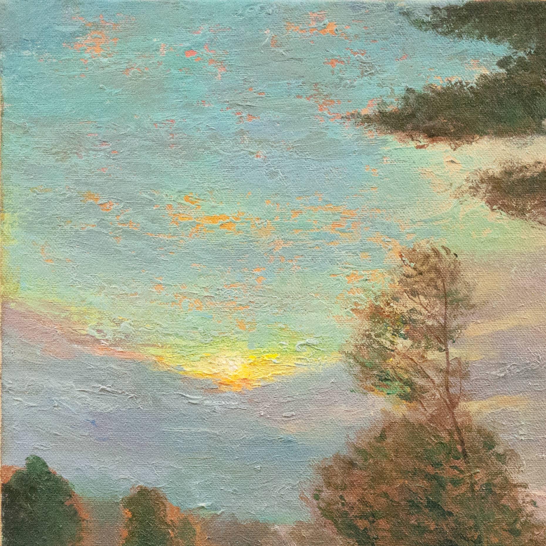 « Paysage de coucher de soleil » - Marron Landscape Painting par Carl Warren