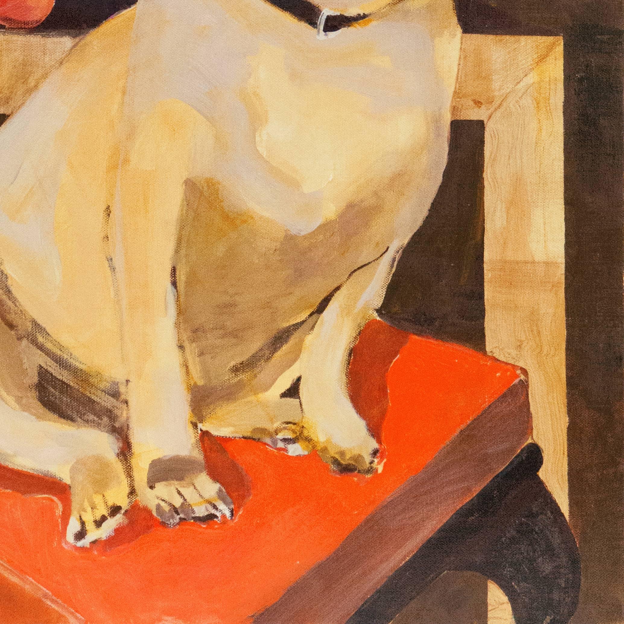 'Still Life with a Pug', Modernist Animal Portrait - Orange Animal Painting by Kurt Vincent
