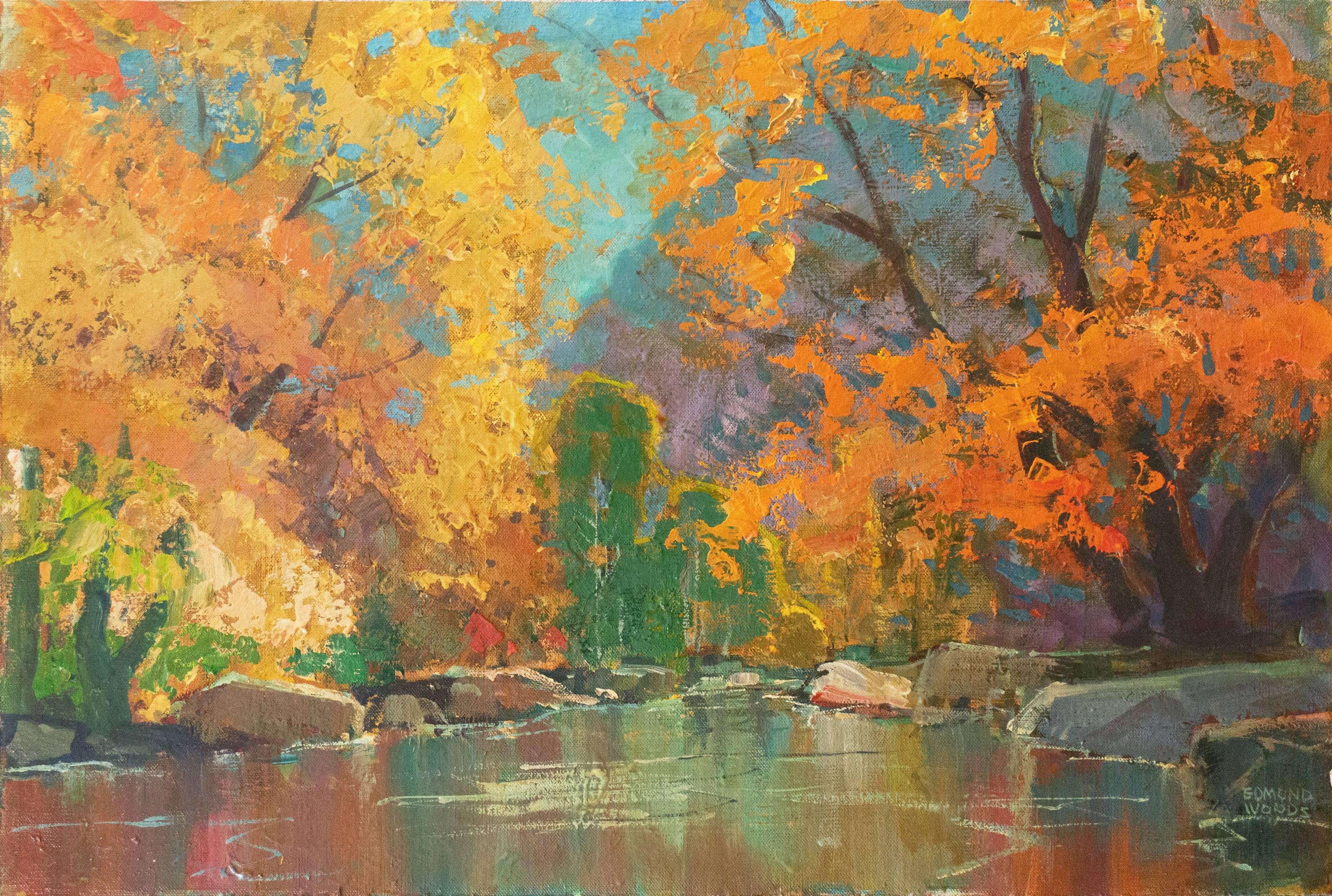 Edmond Woods Landscape Painting - 'Autumn River', Large Oil, San Diego, California Artist, Chouinard Art Institute