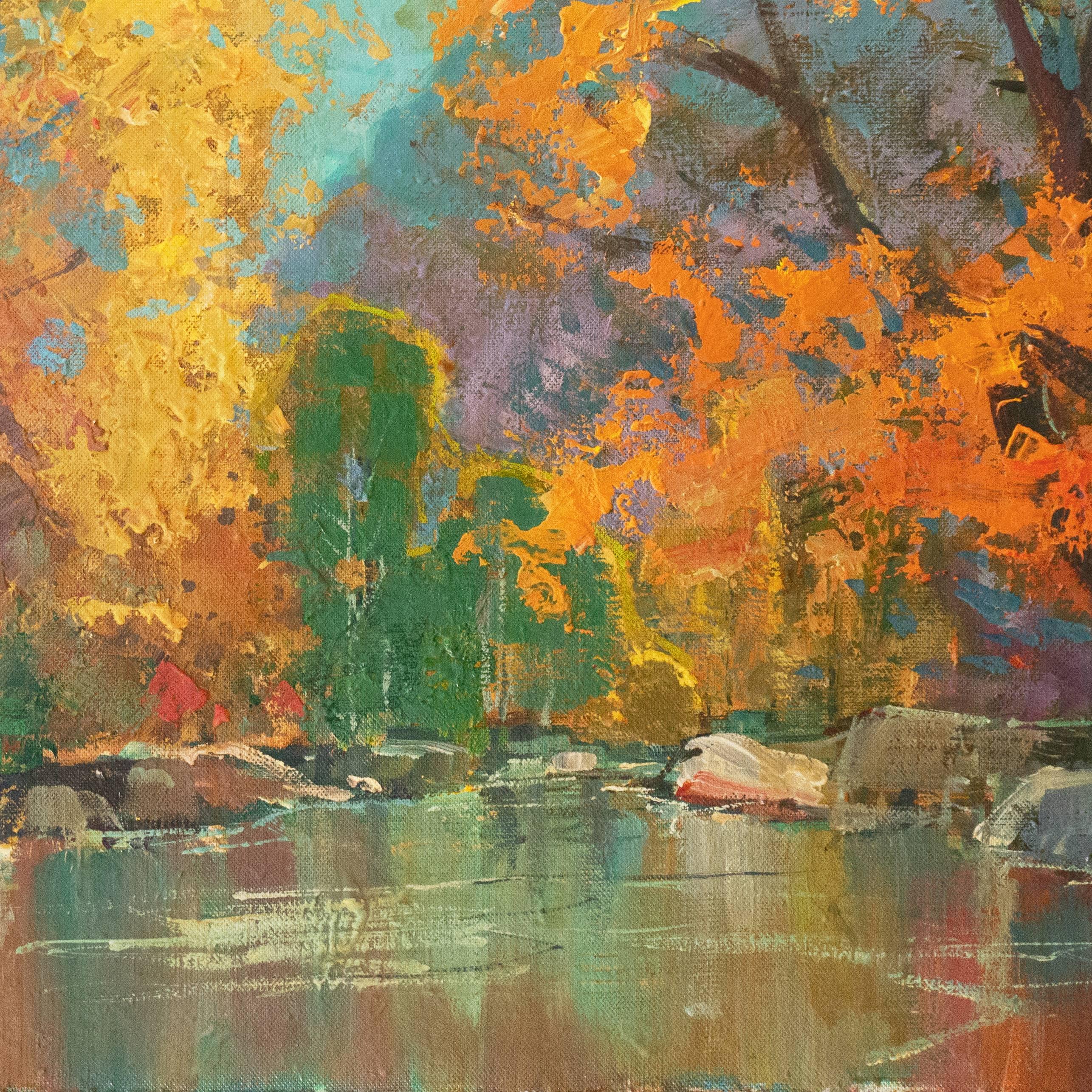 'Autumn River', Large Oil, San Diego, California Artist, Chouinard Art Institute - Brown Landscape Painting by Edmond Woods