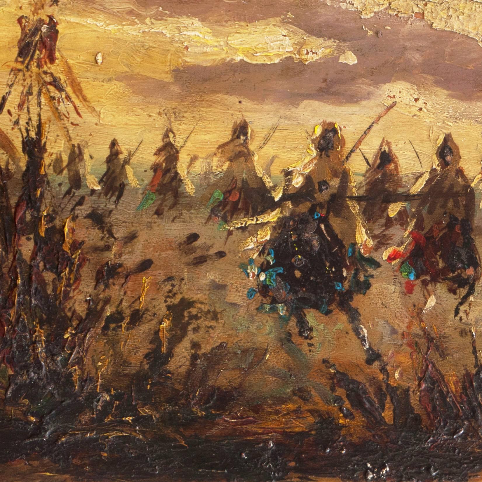 Indistinctly signed lower left and painted circa 1870. 

A dramatic French Orientalist view of a line of mounted Berber warriors shown charging towards the viewer. A colorful work showing the white-robed warriors galloping on their gaily-caparisoned