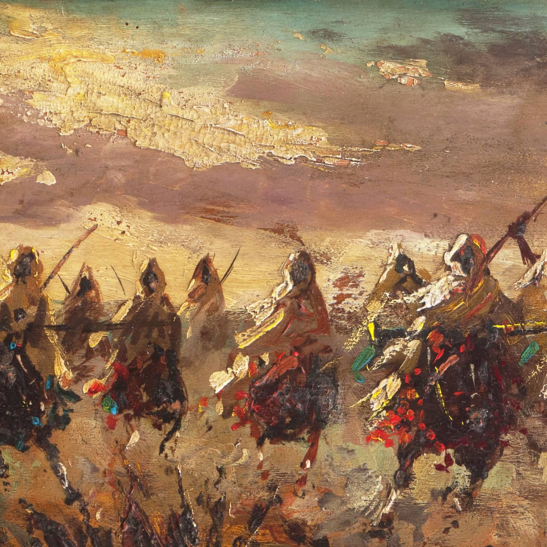 'Orientalist Berber Cavalry Charge', French Romantic School - Brown Figurative Painting by Unknown