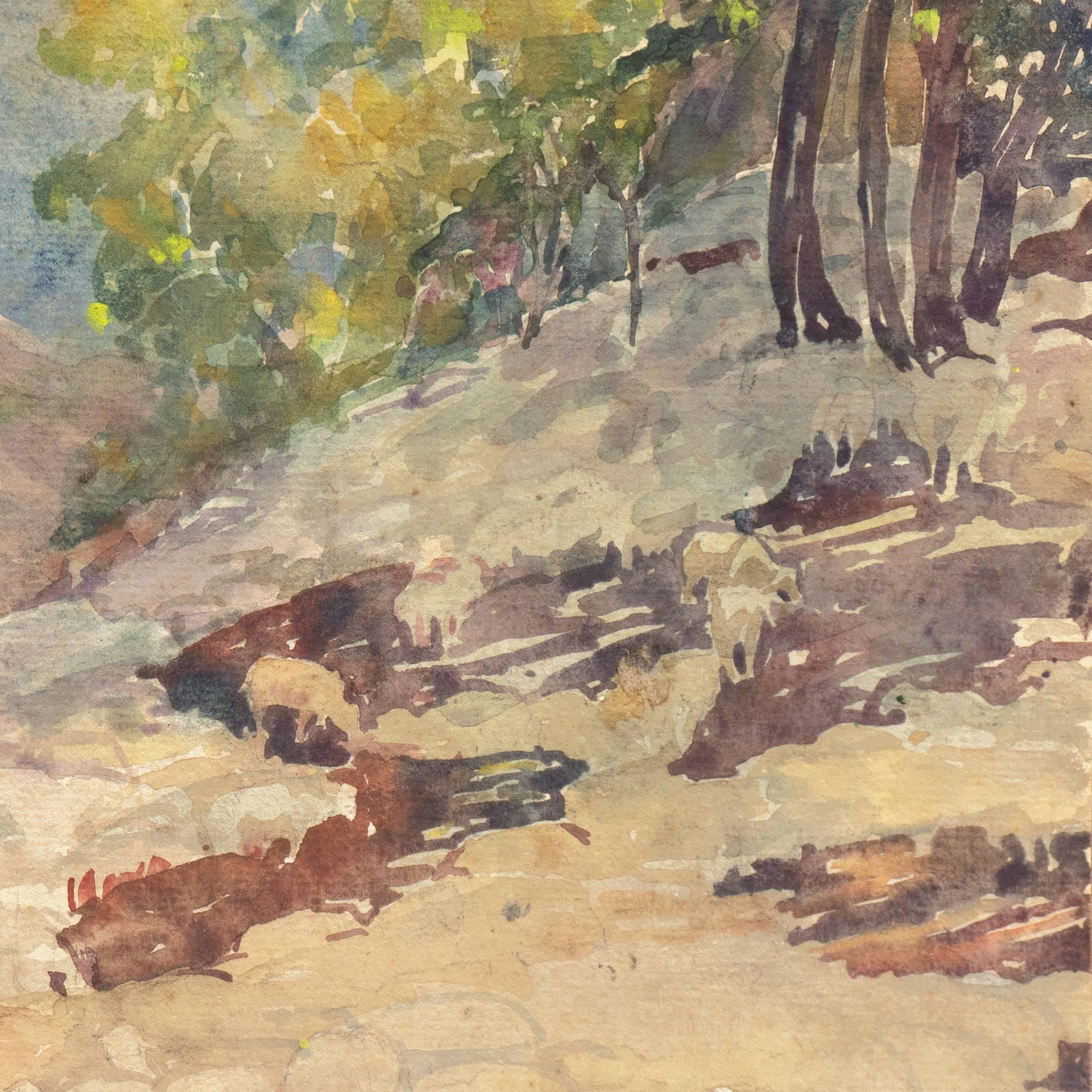 A period study showing a herd of sheep being corralled into a feeding area. 

Signed lower left, 'Sarah H. Hobson' and painted circa 1935.

Sarah Villarette Hoover Hobson studied at the Art Institute of Chicago in the 1920s before moving to