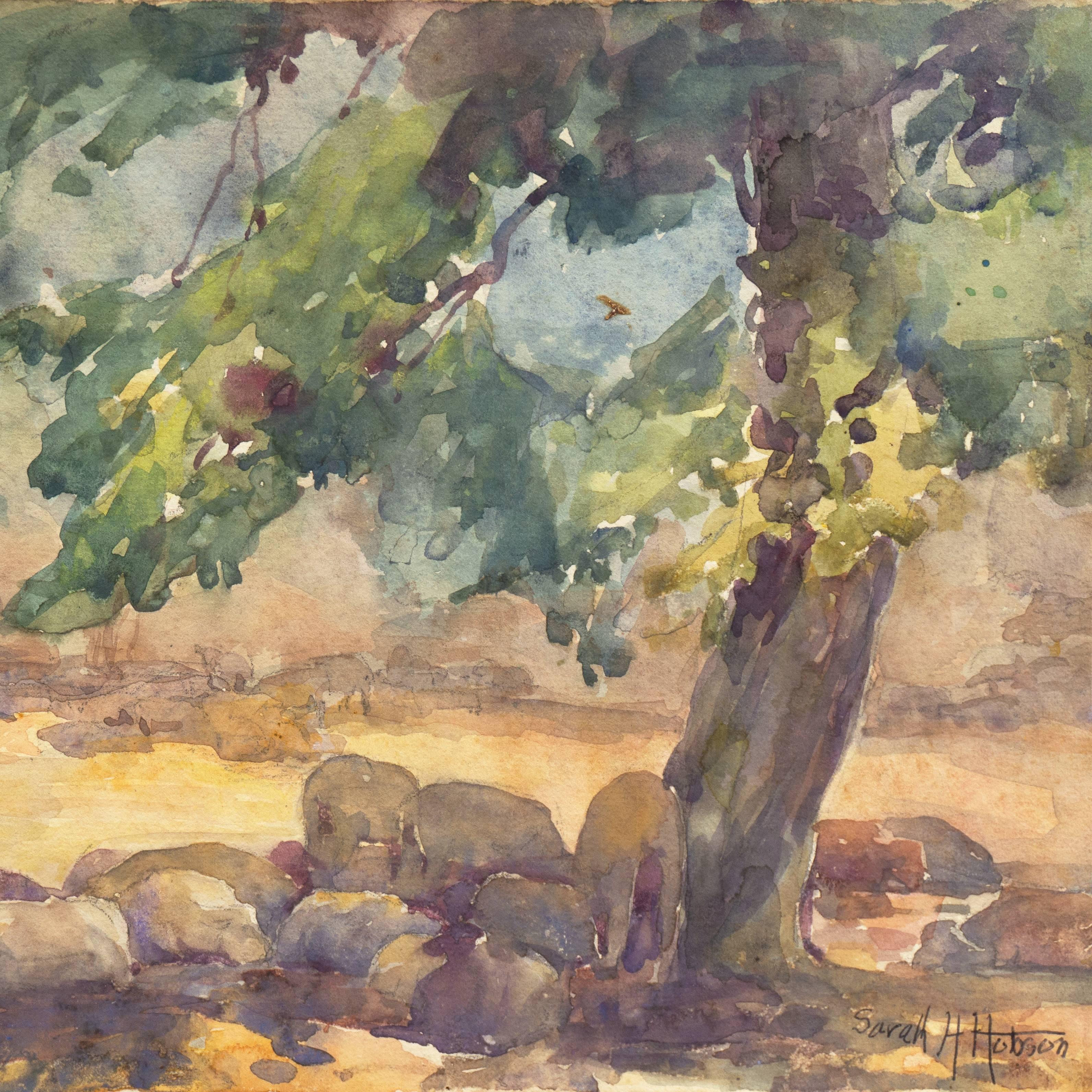 A view of a warmly lit clearing with sheep resting under the branches of an oak tree.  

Signed lower right, 'Sarah H. Hobson' and painted circa 1935.

Sarah Villarette Hoover Hobson studied at the Art Institute of Chicago in the 1920s before moving