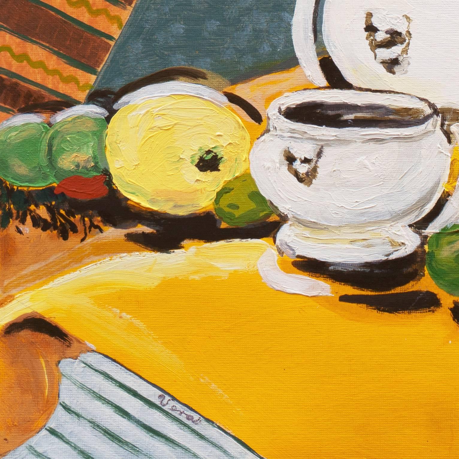 'Still Life, Yellow and Blue', Woman Artist, Los Angeles, California Modernist  - Painting by Vera Indenbaum
