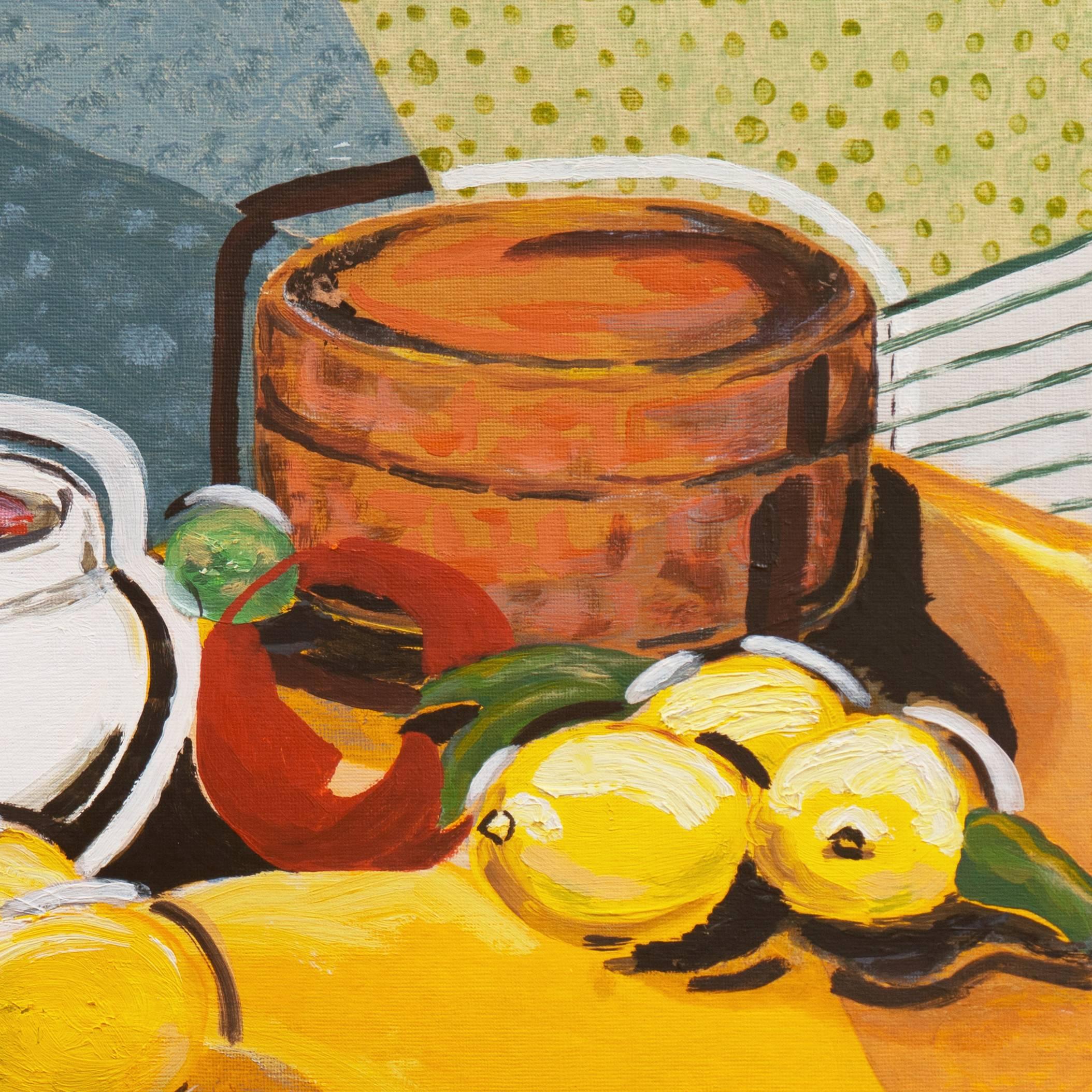 'Still Life, Yellow and Blue', Woman Artist, Los Angeles, California Modernist  - Brown Still-Life Painting by Vera Indenbaum