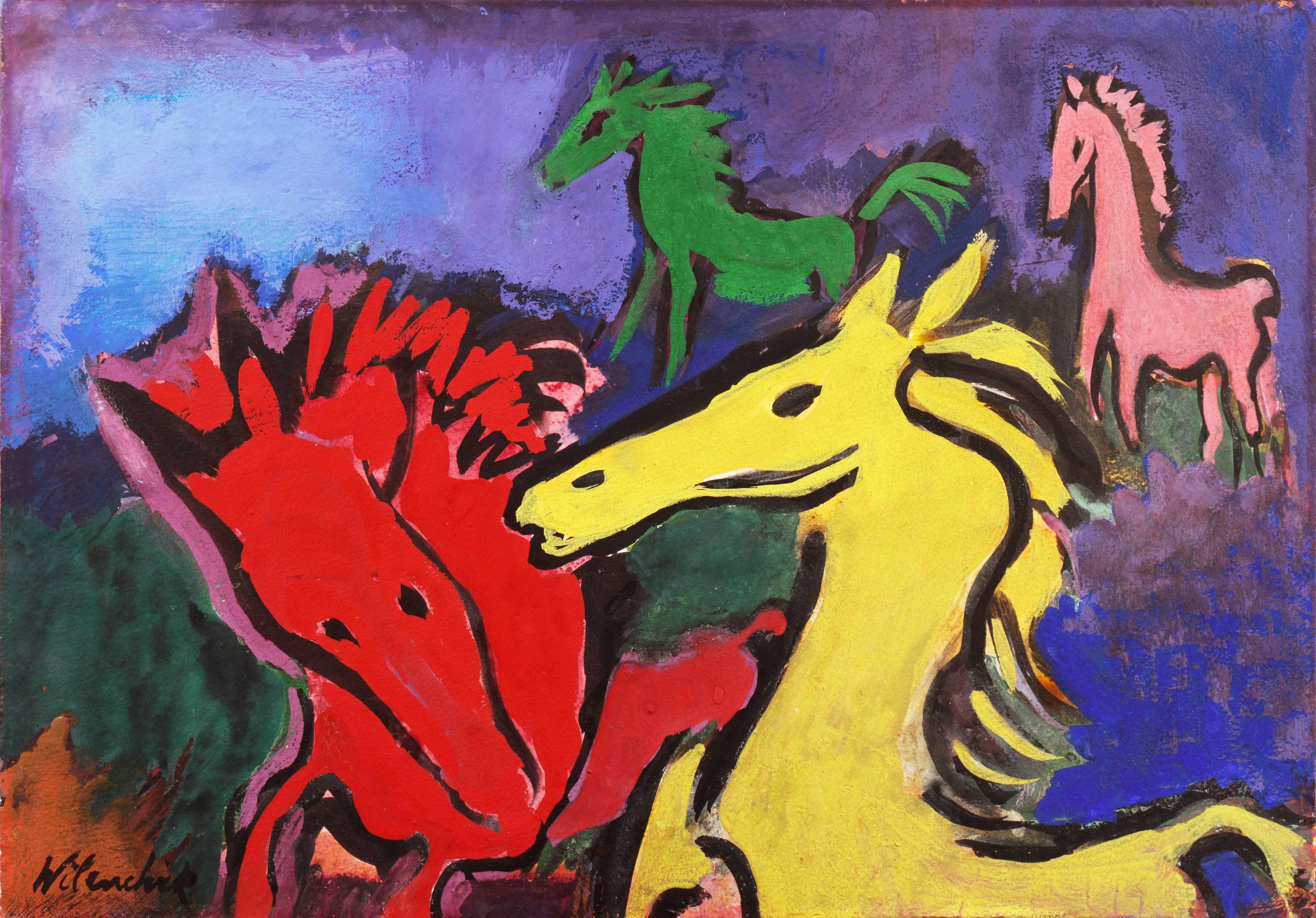 Clement Samuel Wilenchick Animal Painting - 'Ponies Dancing' California Post-Impressionist, San Francisco Art Association