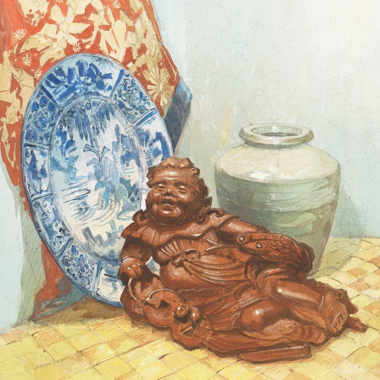 Signed lower right, 'C.A. Bartels' for Cornelius Anton Bartels (Dutch, born 1890) and painted circa 1945.

A still-life with a sculpture of the Daoist immortal, Liu Haichan, with a blue-and-white porcelain plate and a jade-glazed pot set against an