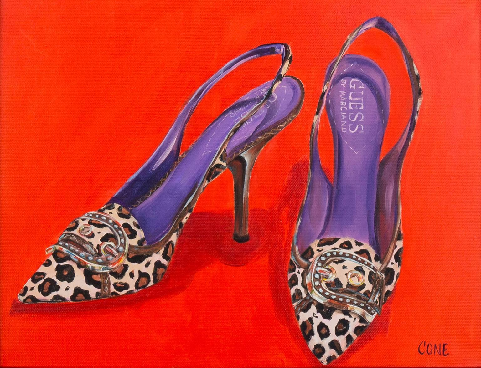 'Hallo Kitty', Faux Leopard Marciano Pumps, Italian Fashion Shoes - Painting by Marcia Park Cone