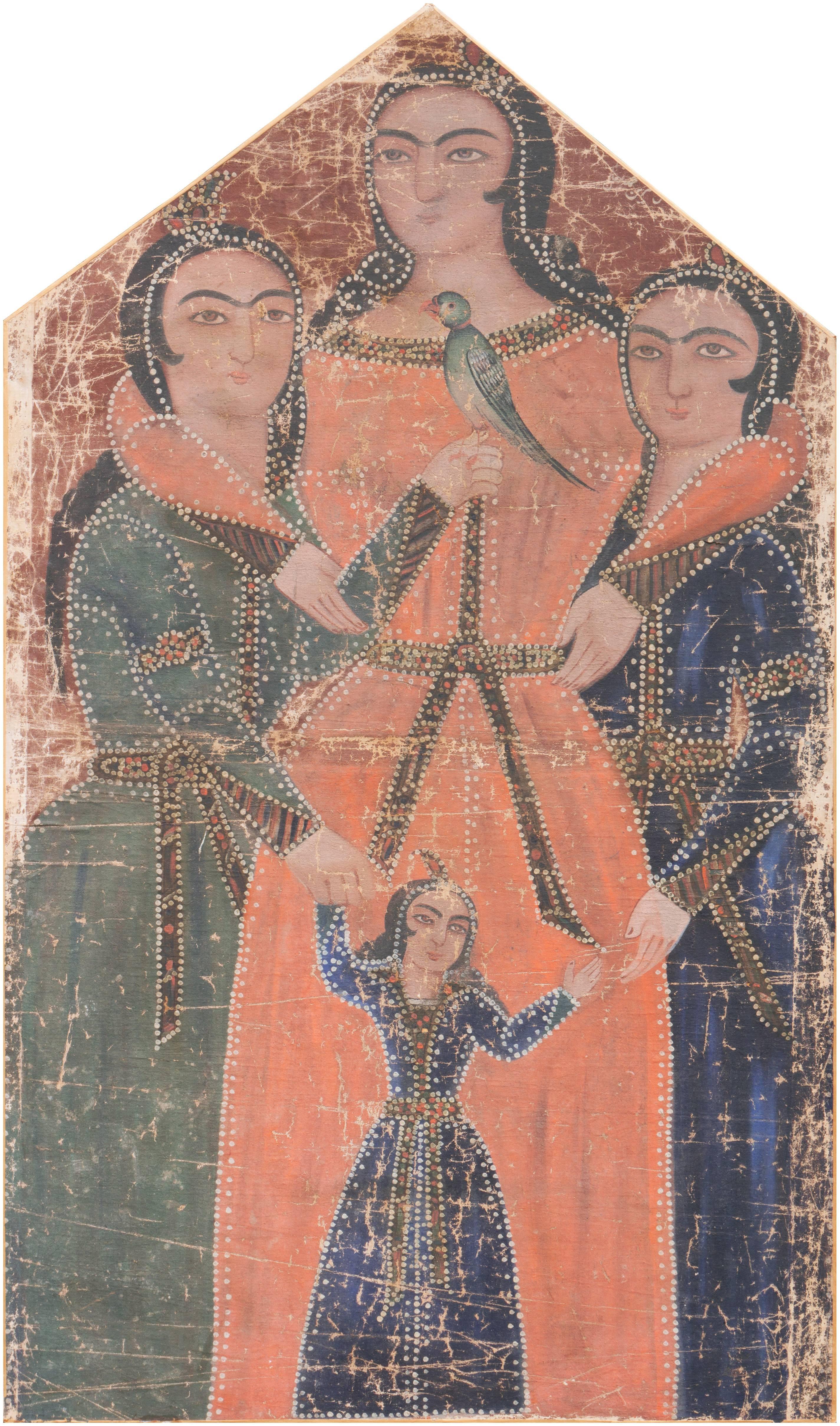Unknown Portrait Painting - 'Sisters with a Songbird', 18th century Qajar Dynasty Persian Princesses, Zaman