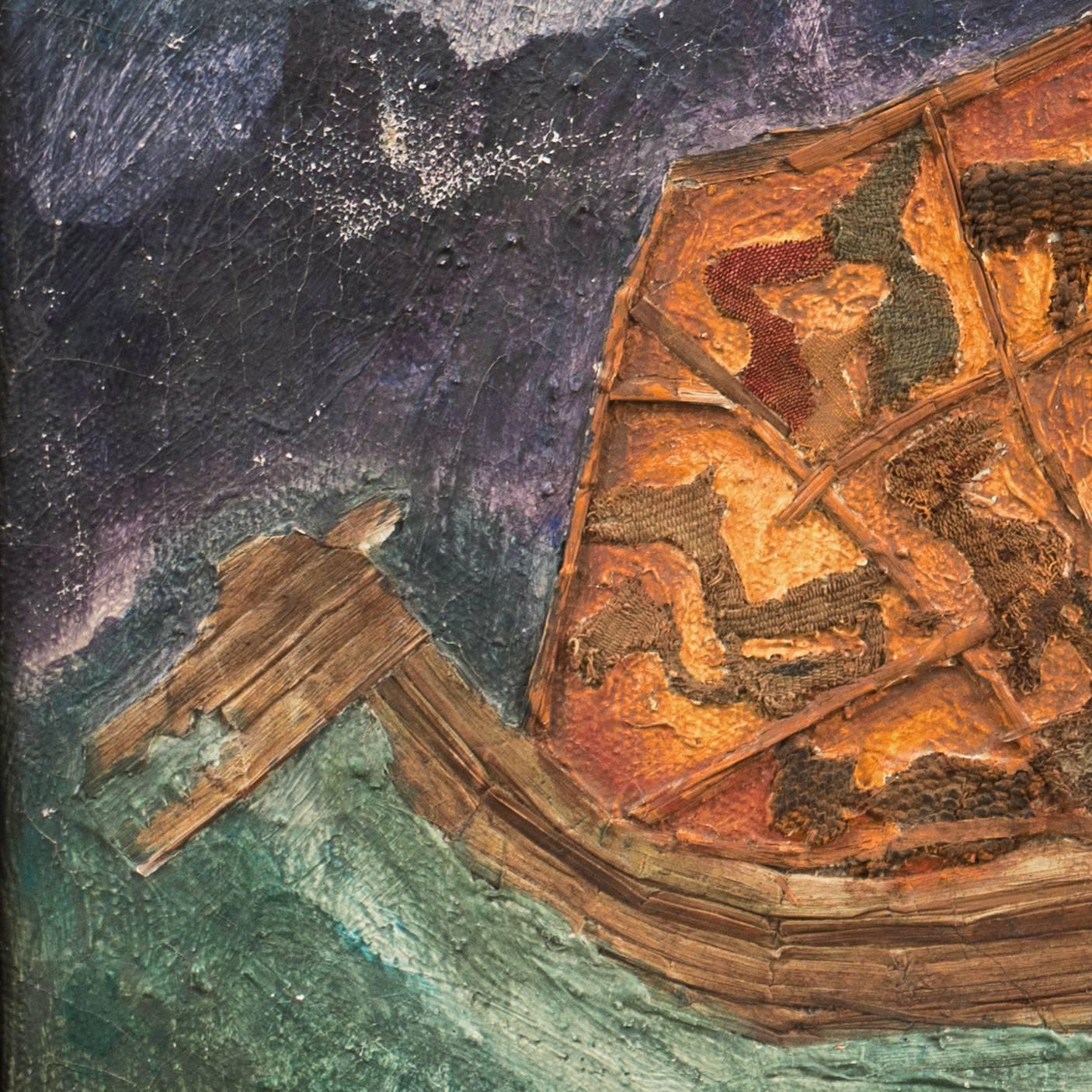 A stunningly original mixed-media collage showing an Ark containing various life-forms and a dove resting in the waves. Fridman has used oil paint, papyrus and pre-columbian textiles to fashion a powerful interpretation of this fundamental symbol of