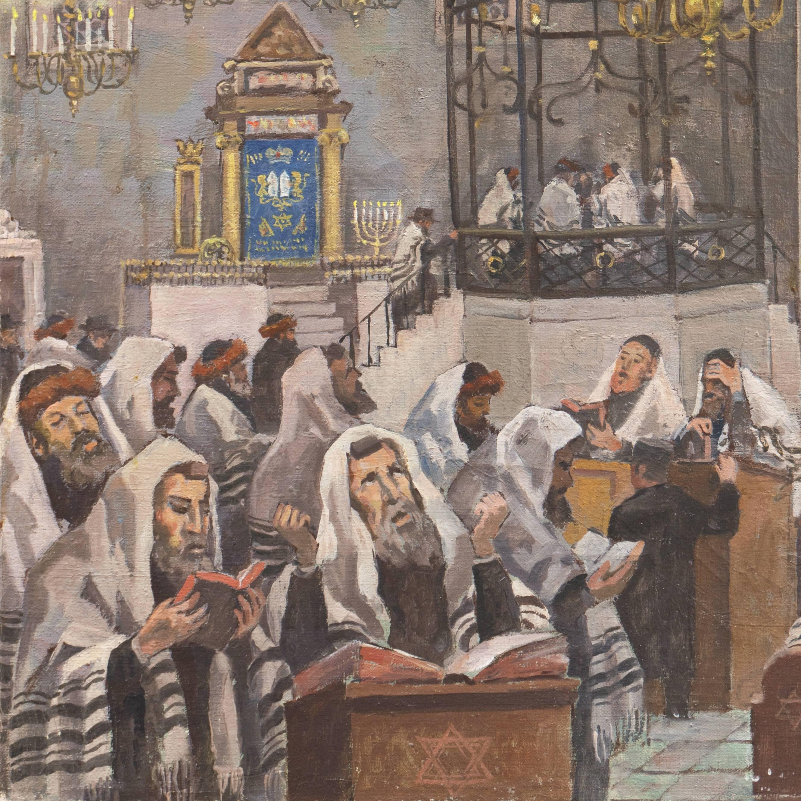 Intérieur de la synagogue avec le rabbin, Polish Orthodox Judaica. - Moderne Painting par Mieczyslaw Watorski