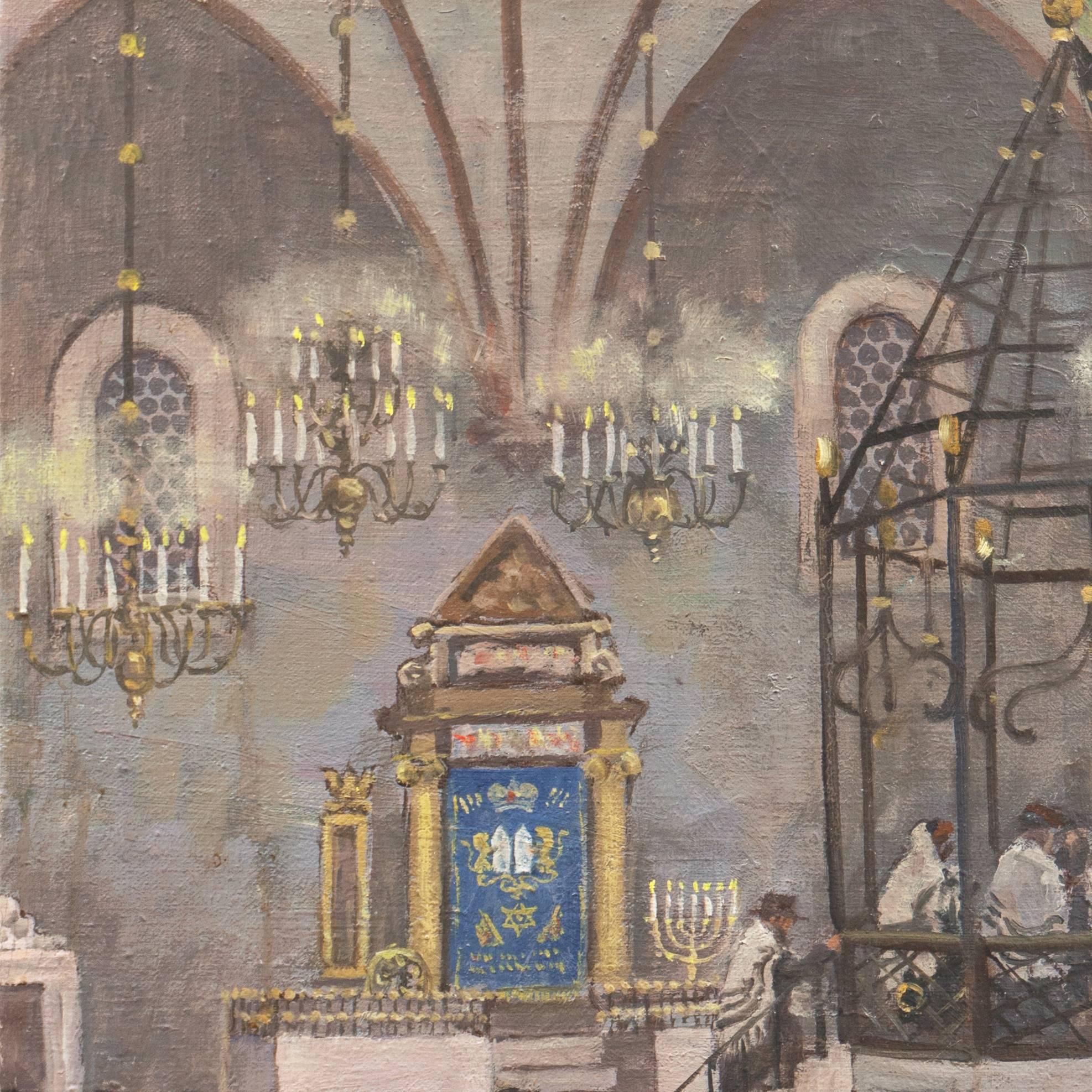 Intérieur de la synagogue avec le rabbin, Polish Orthodox Judaica. - Gris Figurative Painting par Mieczyslaw Watorski