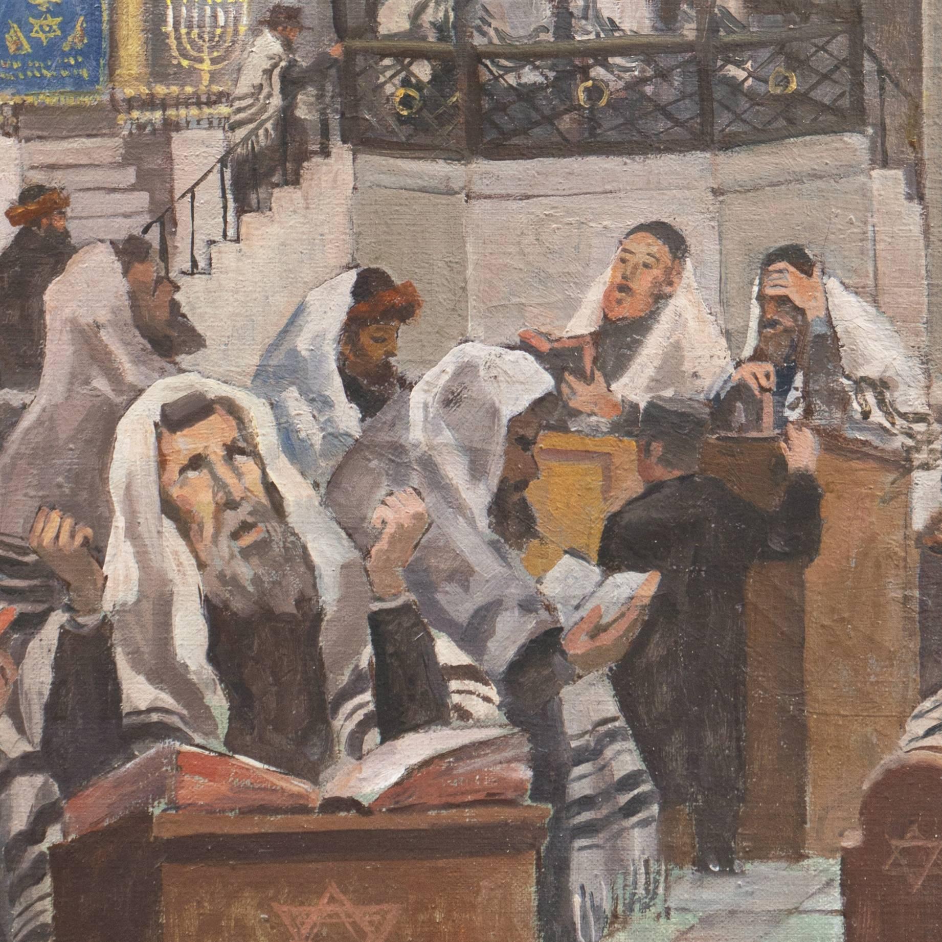 Intérieur de la synagogue avec le rabbin, Polish Orthodox Judaica. en vente 3