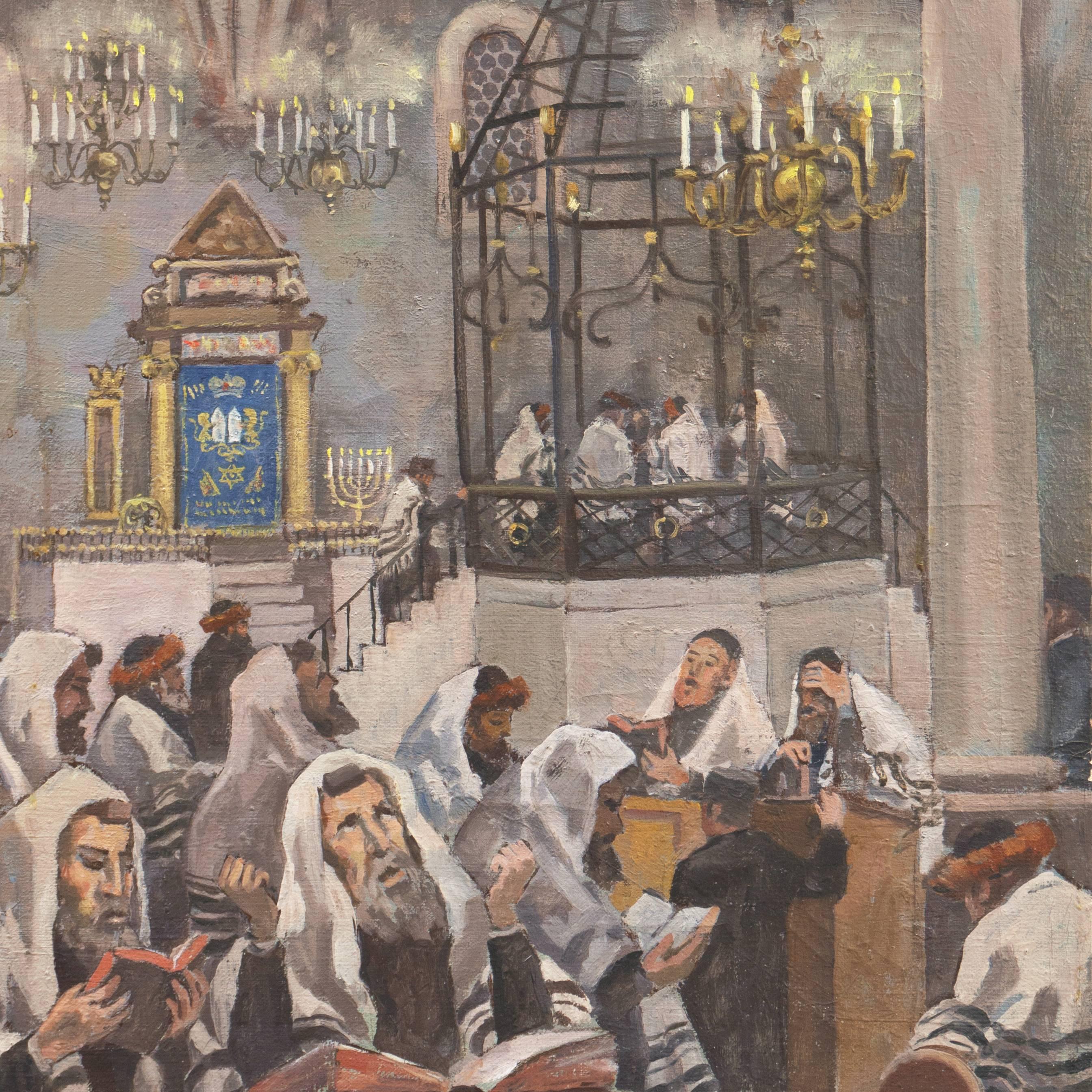 'Interior of Synagogue with Rabbi', Polish Orthodox Judaica - Gray Figurative Painting by Mieczyslaw Watorski