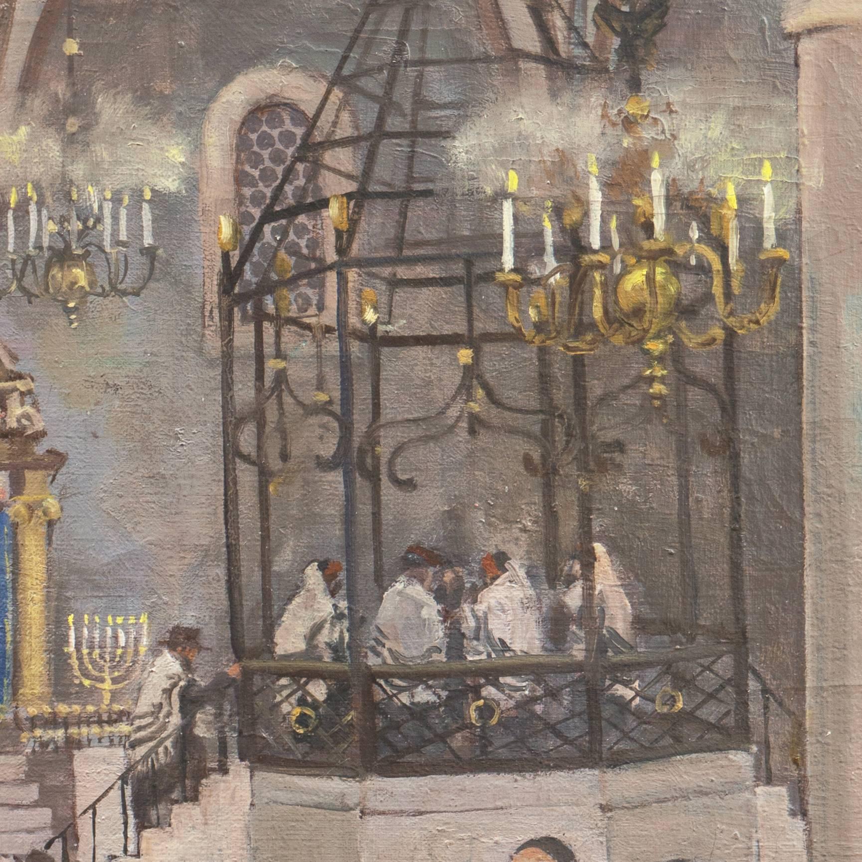 'Interior of Synagogue with Rabbi', Polish Orthodox Judaica - Modern Painting by Mieczyslaw Watorski