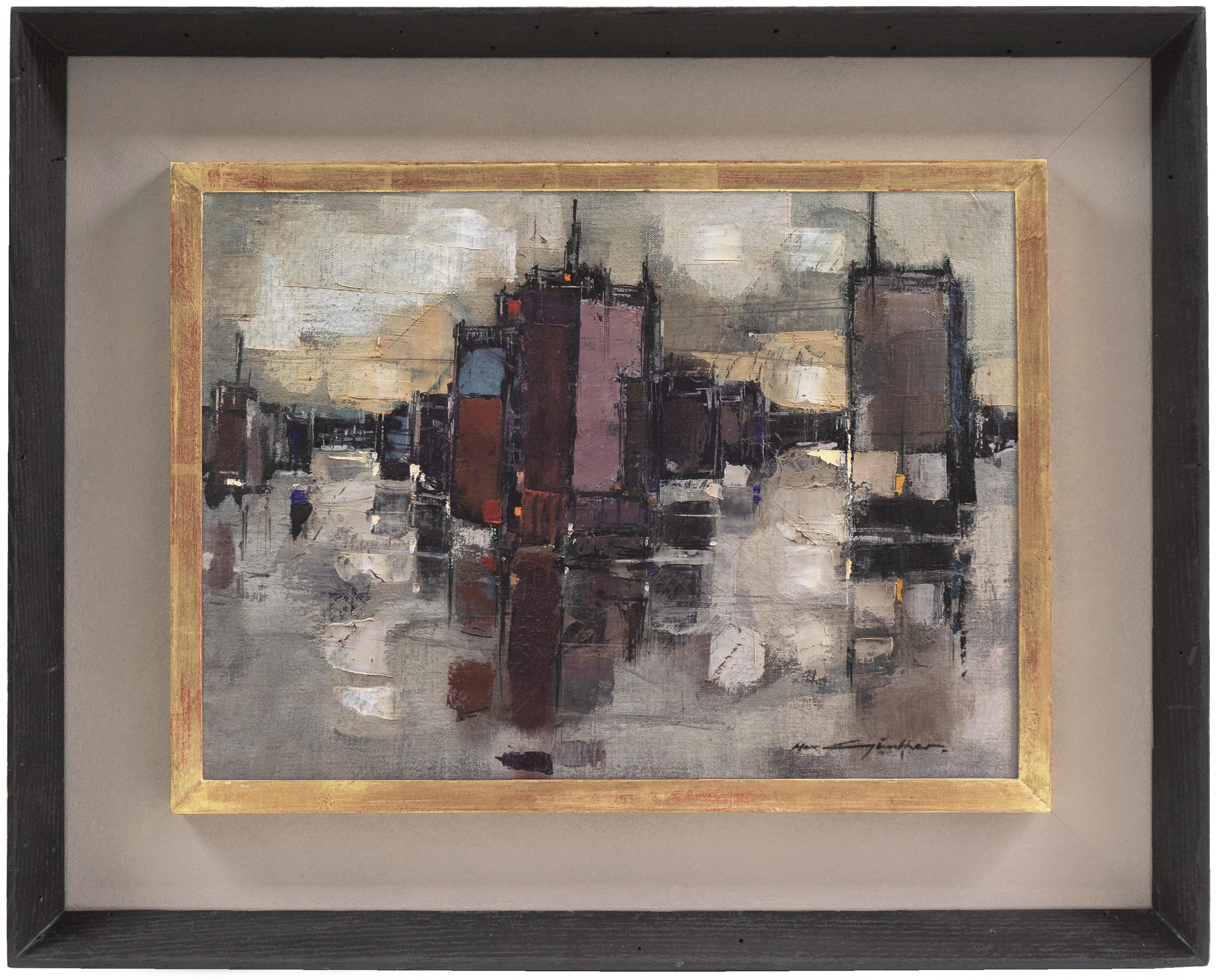 Landscape Painting de Max Gunther - Paisaje urbano abstracto", óleo modernista abstracto, David Rockefeller Estate