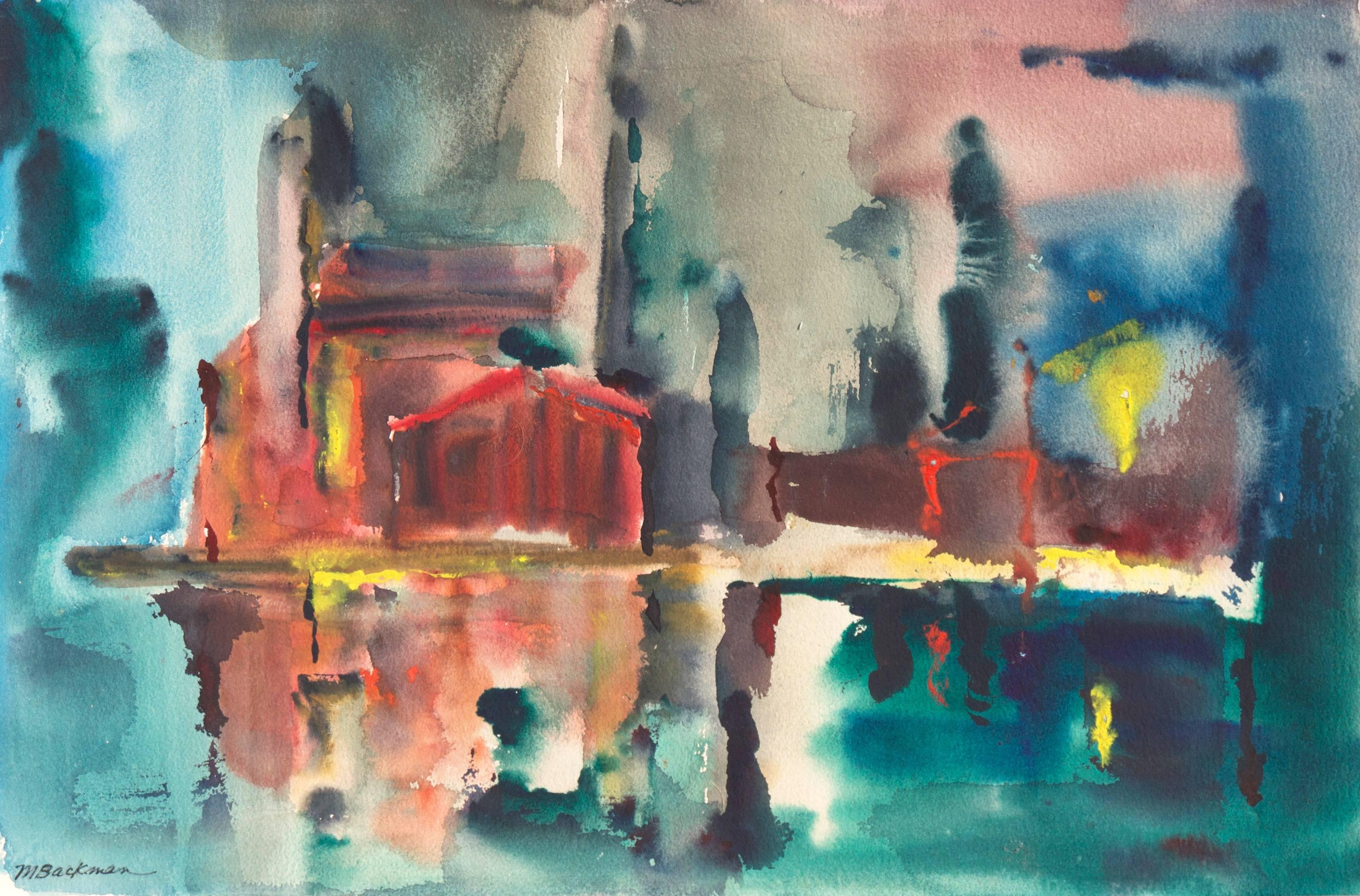 Landscape Painting Muriel Backman - 'Fort Bragg Lumber Mill', femme artiste, Californie post-impressionniste