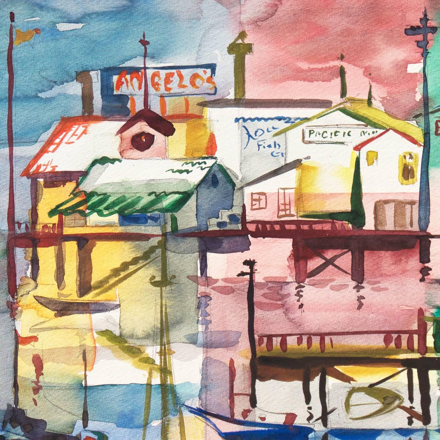 « Monterey Pier », Californie moderniste, femme artiste, Santa Cruz Art League - Painting de Muriel Backman