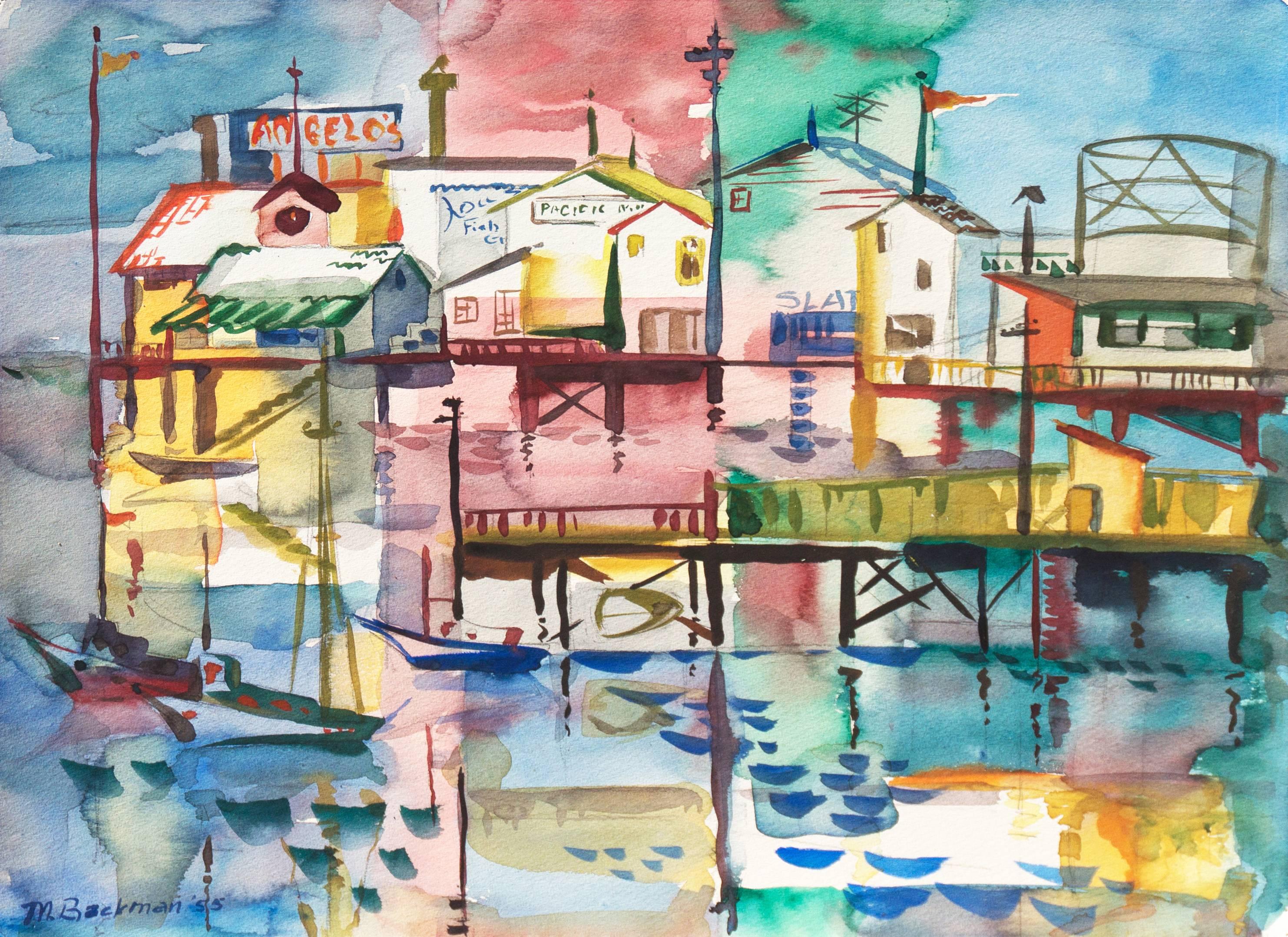 Muriel Backman Landscape Painting - 'Monterey Pier', California Modernist, Woman Artist, Santa Cruz Art League