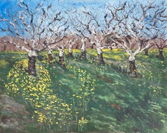 « Walnut Grove with Wild Mustard », grande artiste californienne, grand paysage à l'huile