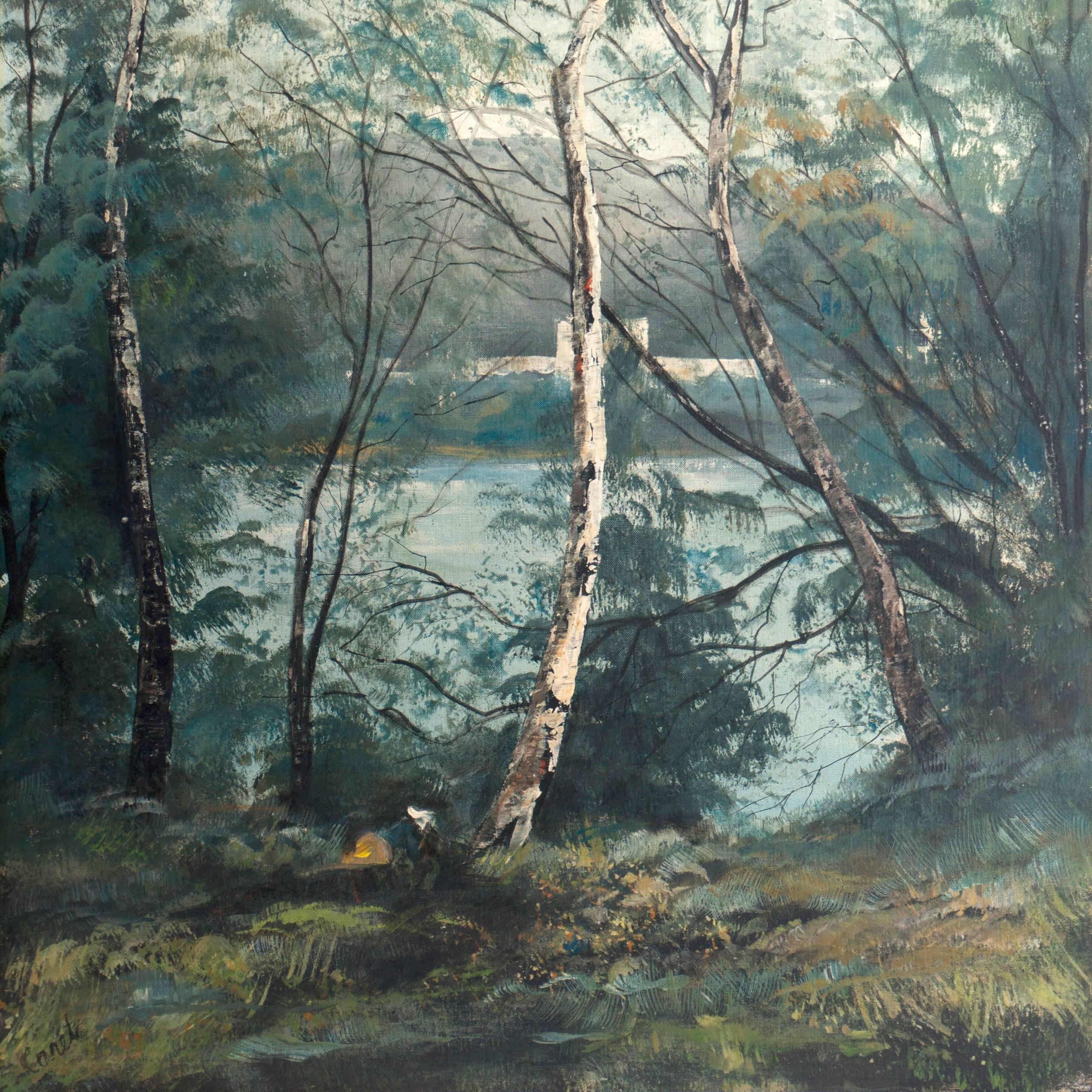 'River Landscape with Birch Trees', Italianate Romanticism - Painting by Caret