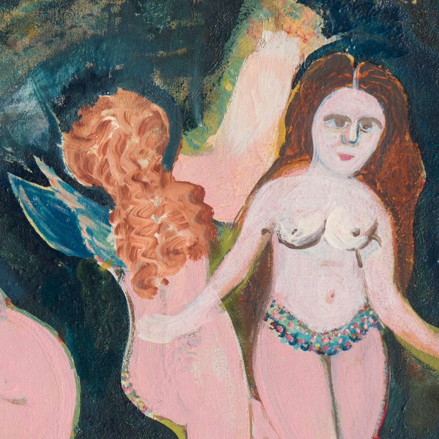 Dancing Fairies   (Outsider Art, Woman Artist, Ames Gallery, Oakland Museum) - Black Figurative Painting by Ursula Barnes