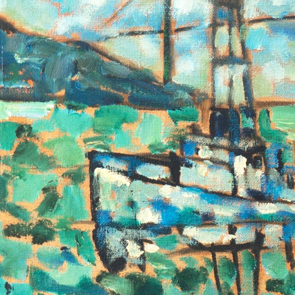 'Fishing Boats beneath the Golden Gate', FRSA, California Post-Impressionist oil - Blue Landscape Painting by Warren Brandon