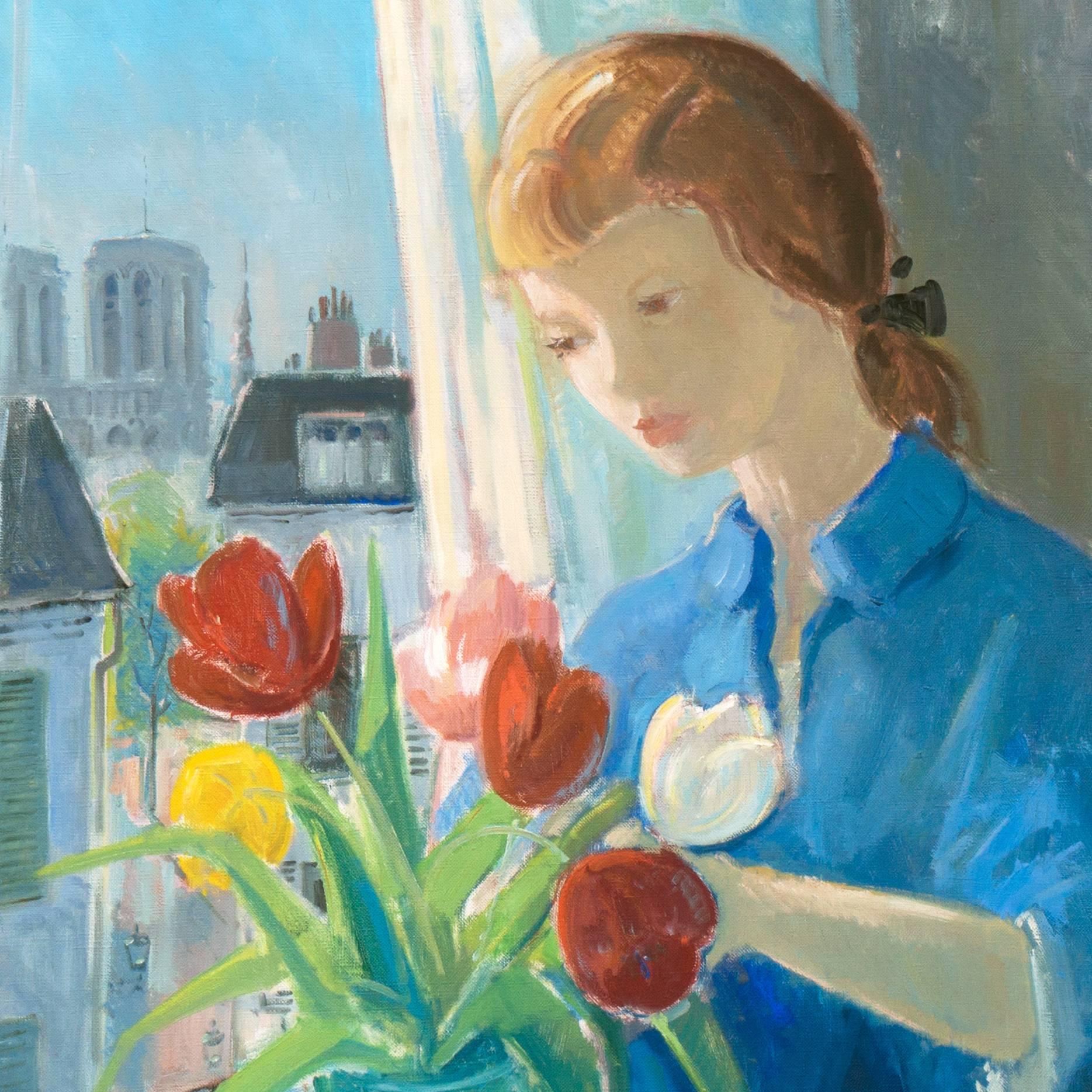 Giovane donna che sistema i tulipani con vista su Notre Dame', Scuola dell'olio di Parigi - Painting di Johannes Meyer Andersen