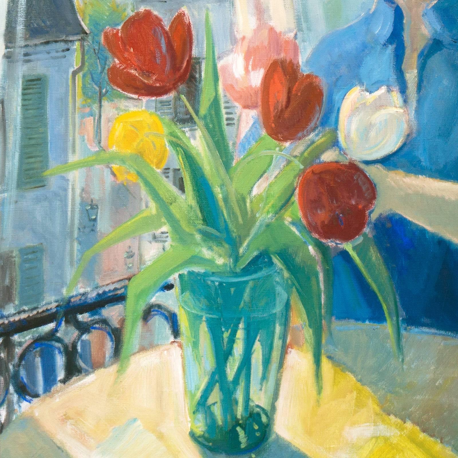 young woman with tulips painting