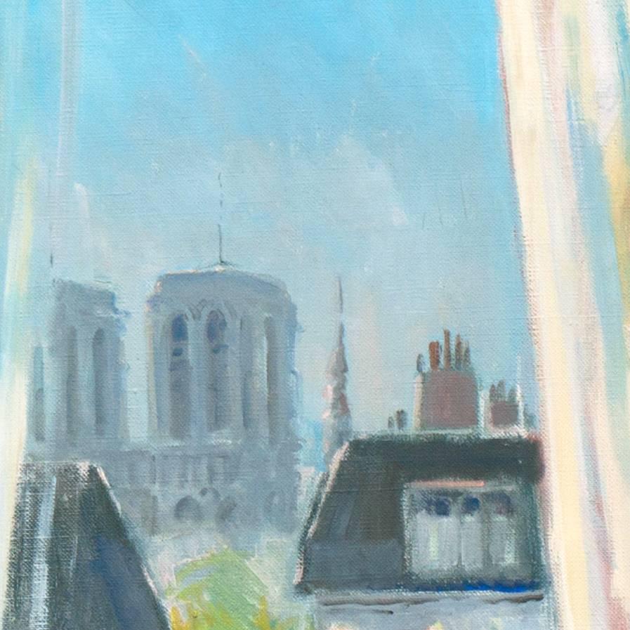 Giovane donna che sistema i tulipani con vista su Notre Dame', Scuola dell'olio di Parigi in vendita 1
