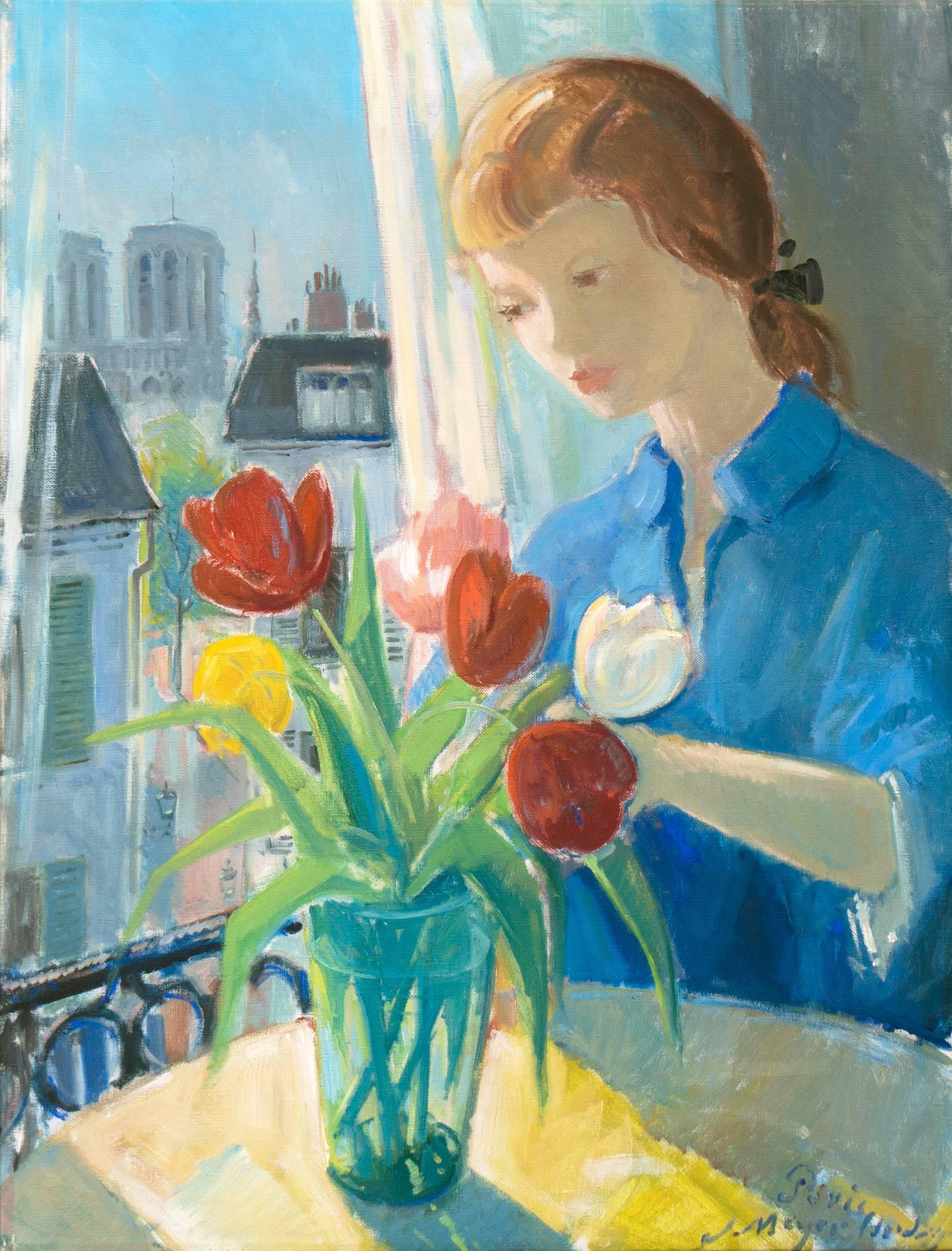 Figurative Painting di Johannes Meyer Andersen - Giovane donna che sistema i tulipani con vista su Notre Dame', Scuola dell'olio di Parigi