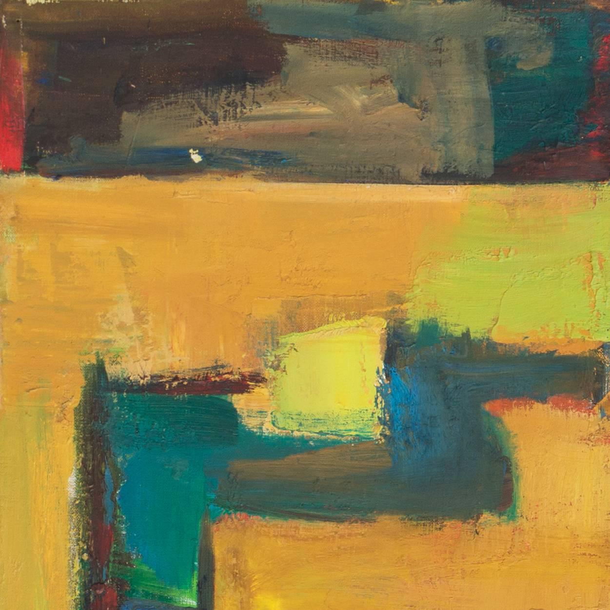 Signed verso, "Wells" and dated 1958.

A substantial, mid-century oil abstract comprising adjacent and superimposed fractal forms in predominantly primary colors.

Born in New England, Mason Wells Studied at Harvard University and at