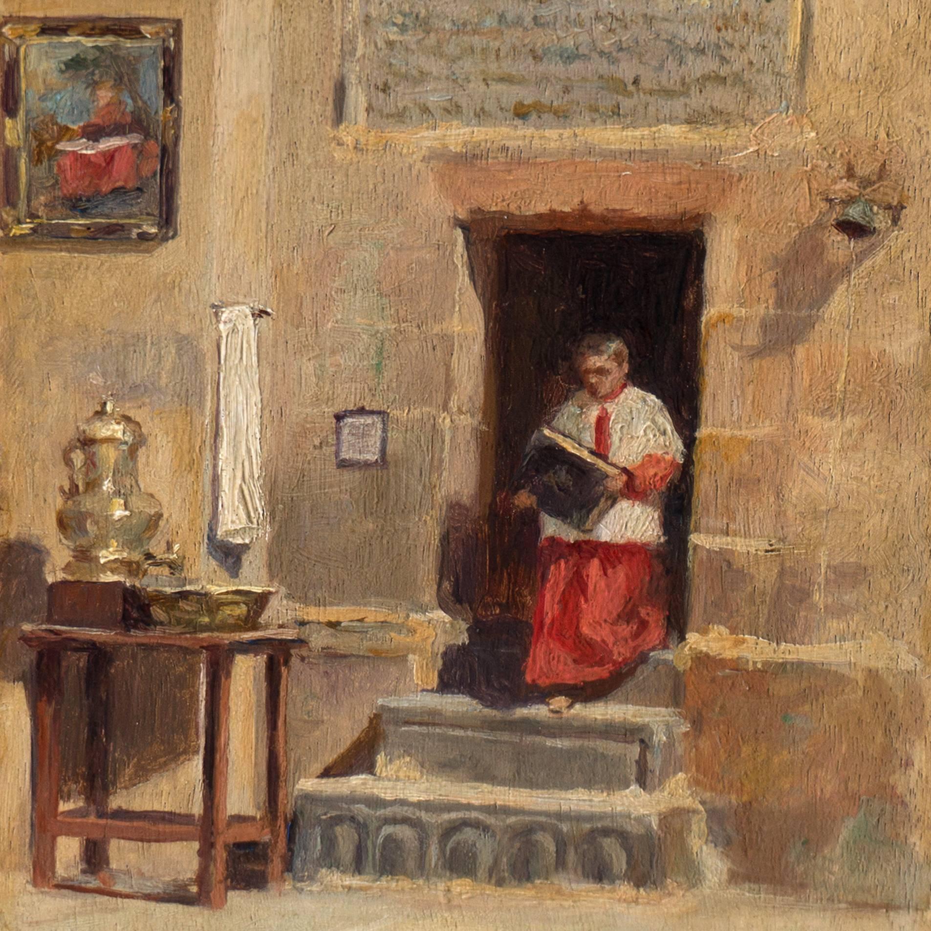 'Church Interior with Altar Boy', Catholic, Bible, Surplice, Cassock, Communion - Painting by Luis Martinez Vargas Machuca