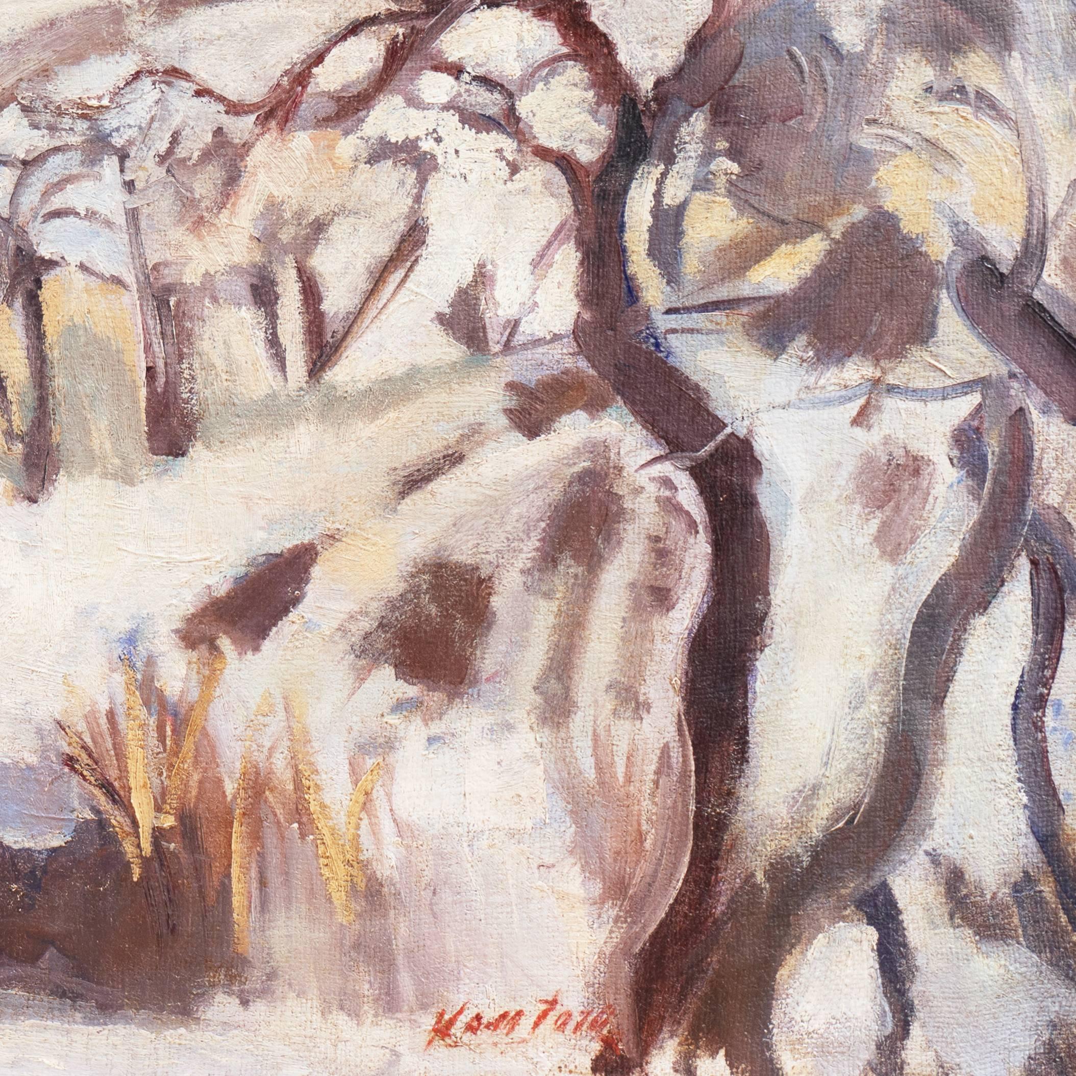 'Winter Landscape, Red Farmhouse', Post-Impressionist oil, Paris Salon, Benezit - Beige Landscape Painting by Mogens Erik Christien Vantore