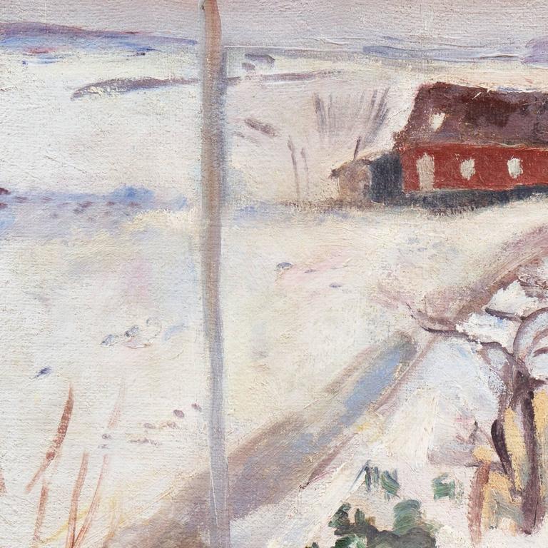 'Winter Landscape, Red Farmhouse', Post-Impressionist oil, Paris Salon, Benezit For Sale 5
