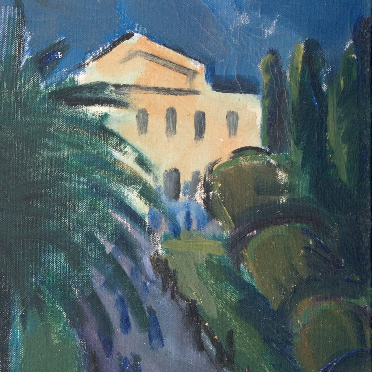 Signed lower right and dated 1932. 

An early twentieth-century oil cityscape showing a view of a palm-tree lined boulevard in the city of Athens, Greece.

Nielsen began his studies at Kristian Zahrtmann’s art school in 1899, and exhibited for