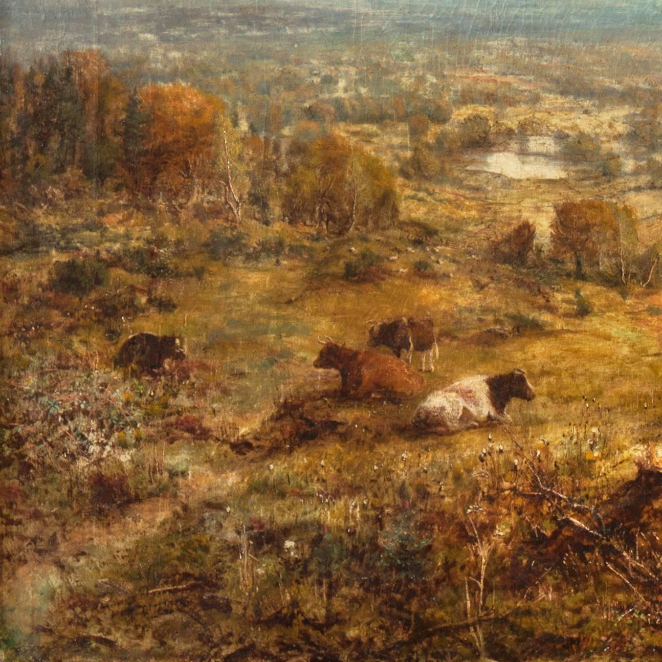 Signed lower right, "G.W. Mote" and dated 1881. 

A substantial and lyrical oil landscape showing a panoramic view of the countryside surrounding the town of Guildford in the English county of Surrey with cattle resting in the foreground